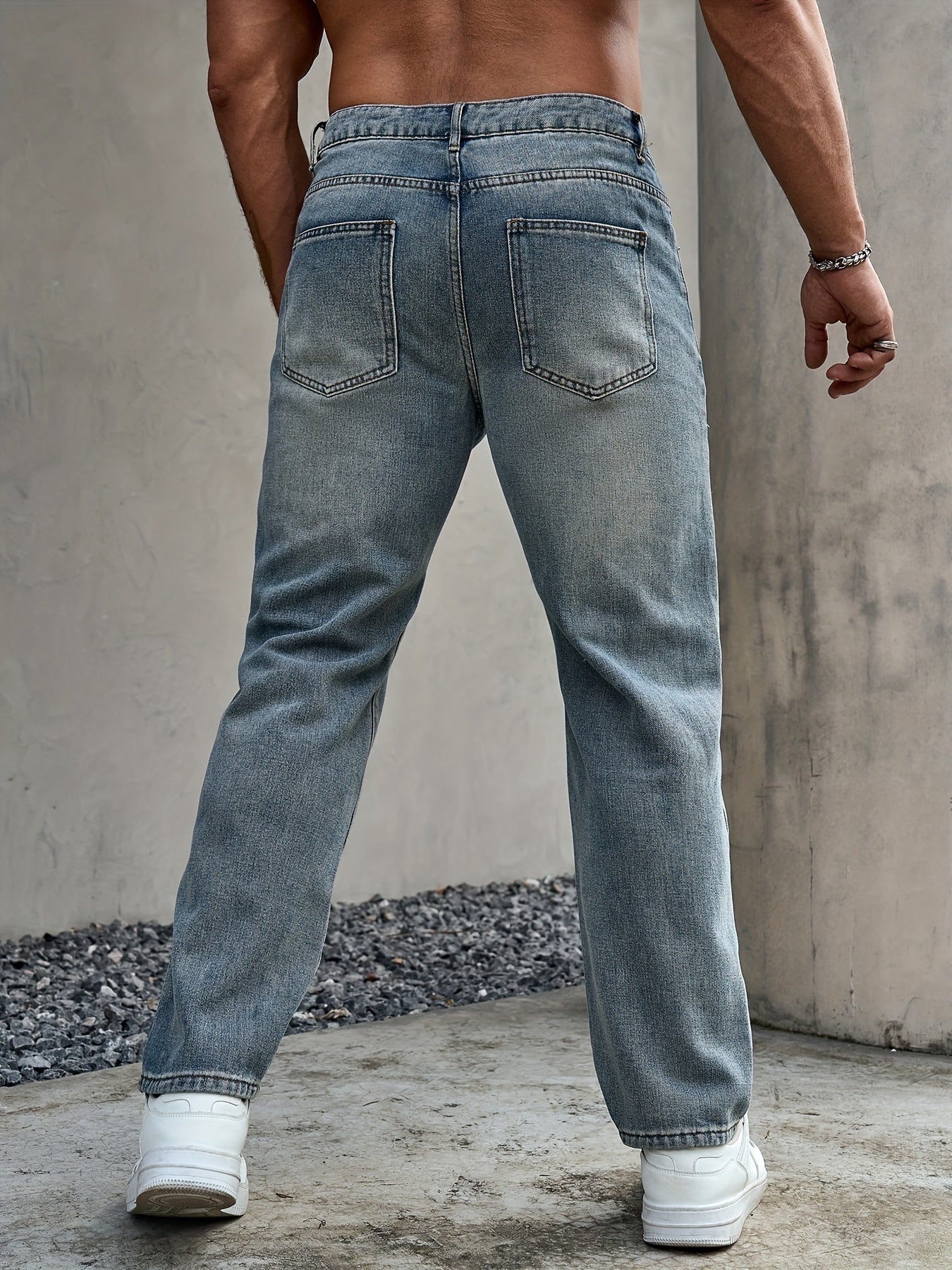 Men's Regular Fit Distressed Denim Jeans - Light Grey, Blend, Machine Washable, Year-Round Comfort & Style
