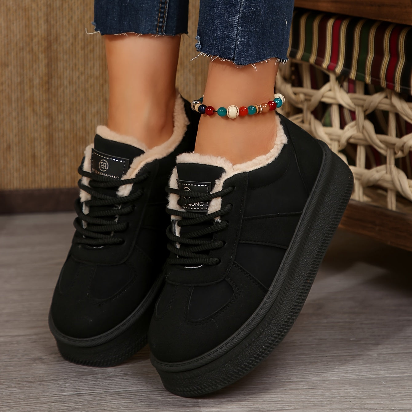 Women's Cozy Fleece-Lined Winter Sneakers - Thick Sole, Non-Slip, Lace-Up Casual Shoes for Outdoor Comfort