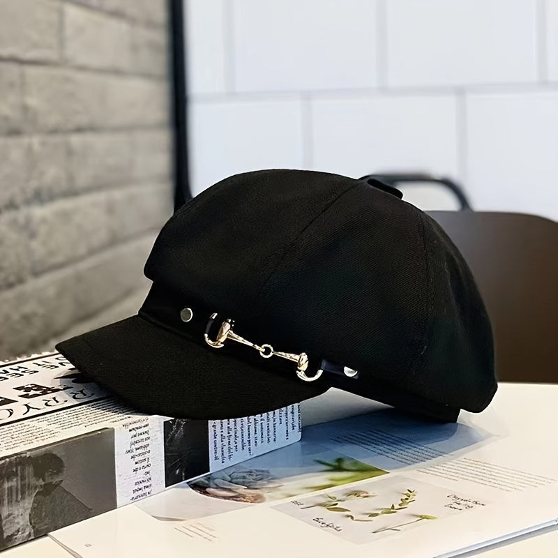 1pc Lightweight Woven Polyester Beret with Adjustable Drawstring & Metal Buckle – Stylish All-Season Hat for Women in Black or White, Perfect for Easter and Holiday Fashion