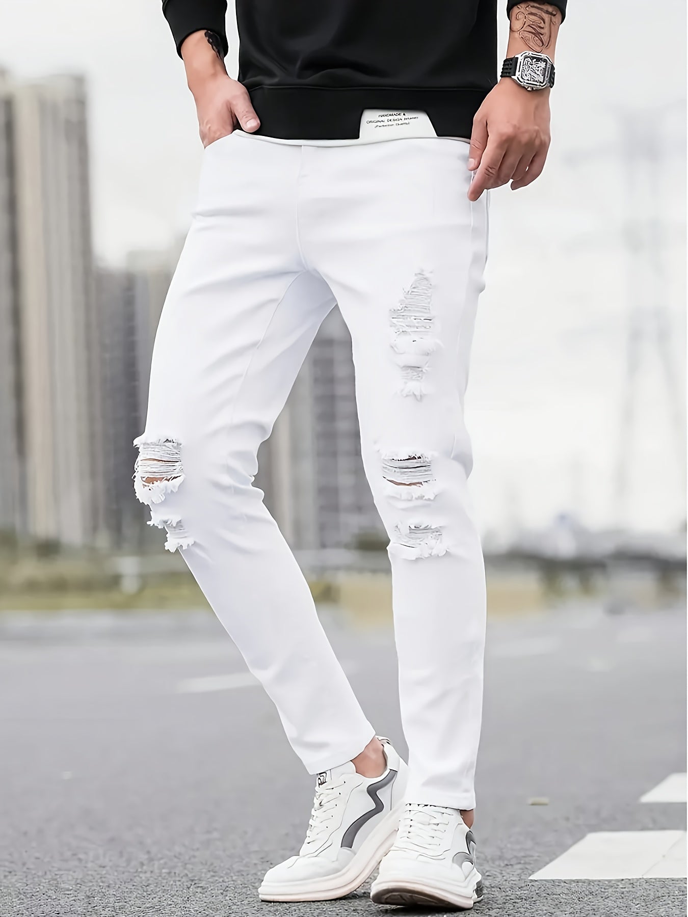 Men's Slim Fit Stretch Denim Jeans - Casual, Breathable & Machine Washable with Ripped Detail