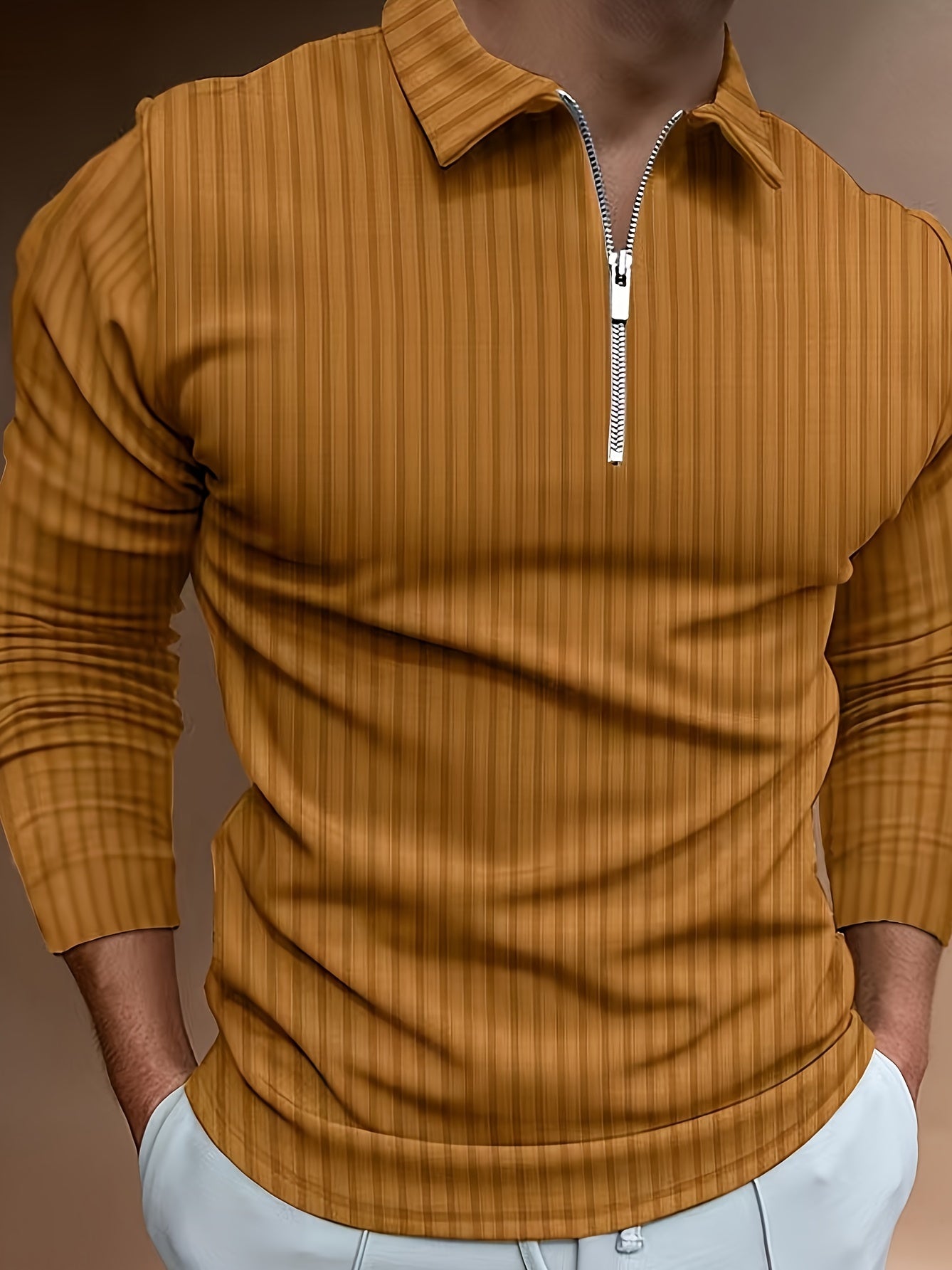 Men's Casual Sports Ribbed Long Sleeve Zipper Lapel Golf Shirt, Spring And Fall