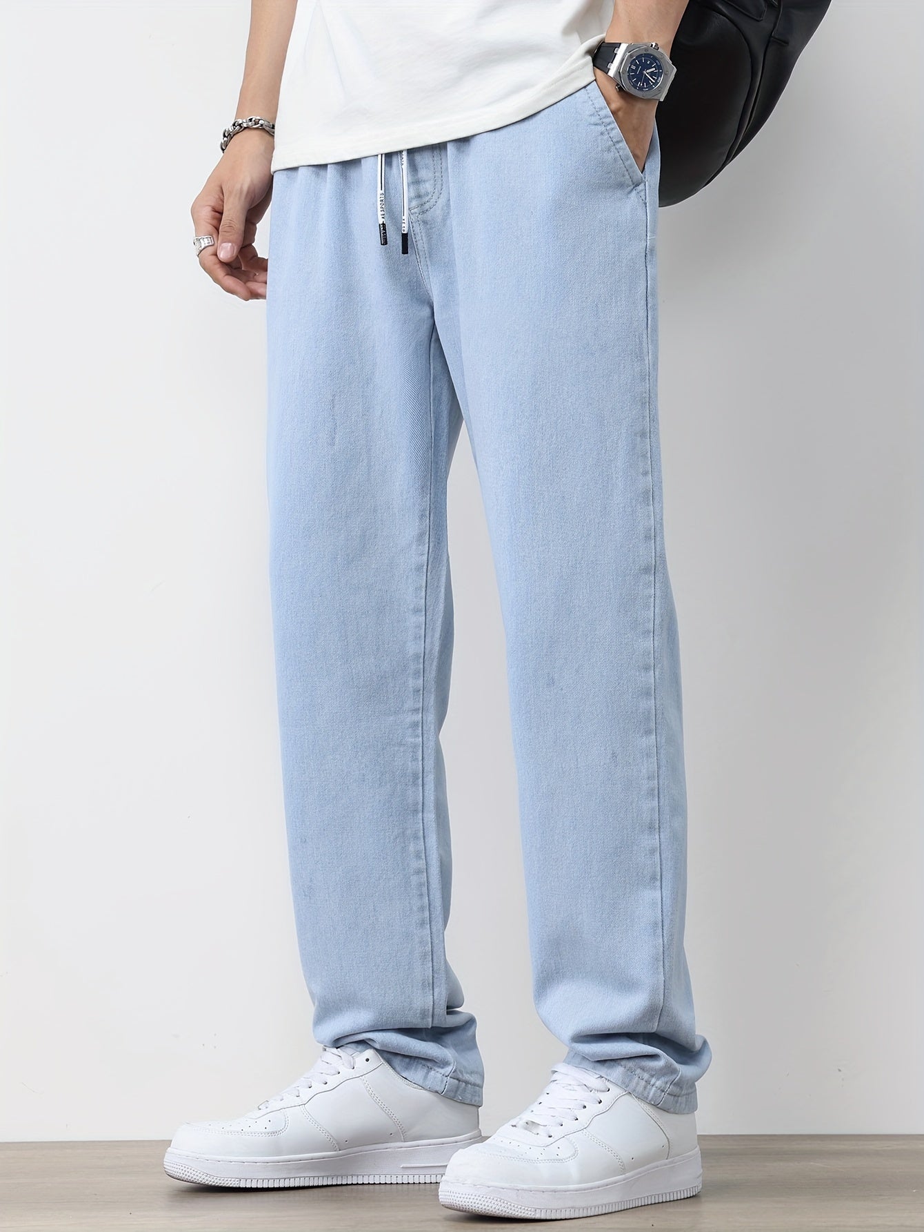 Men's Solid Washed Denim Trousers With Pockets, Causal Drawstring Cotton Blend Barrel Jeans For Outdoor Activities