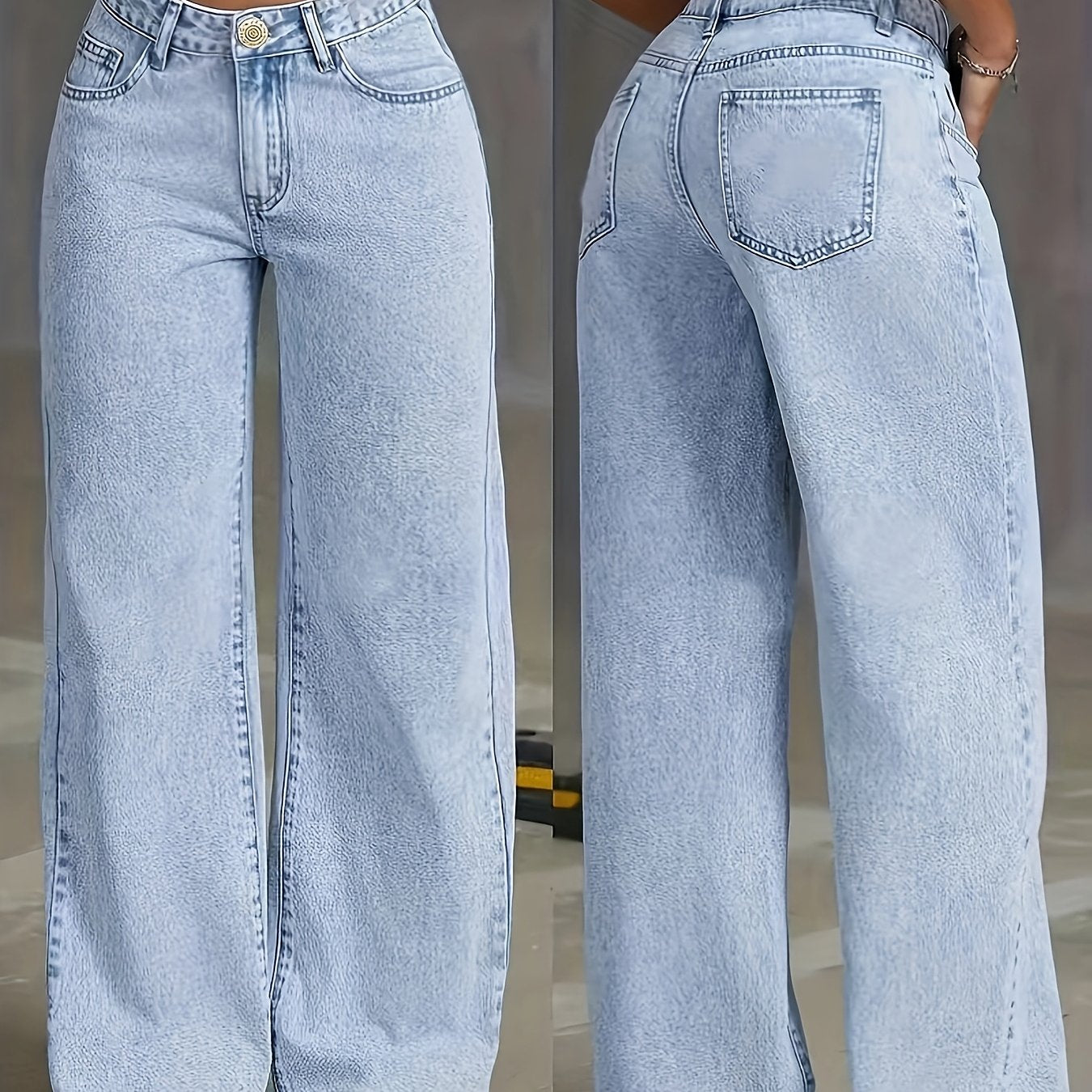 1pc Women'S Plus Size High-Waisted Denim Jeans, Casual Straight-Leg Washed Denim Pants with Built-in Zipper, H-Line Loose Fit Long Trousers for All Seasons