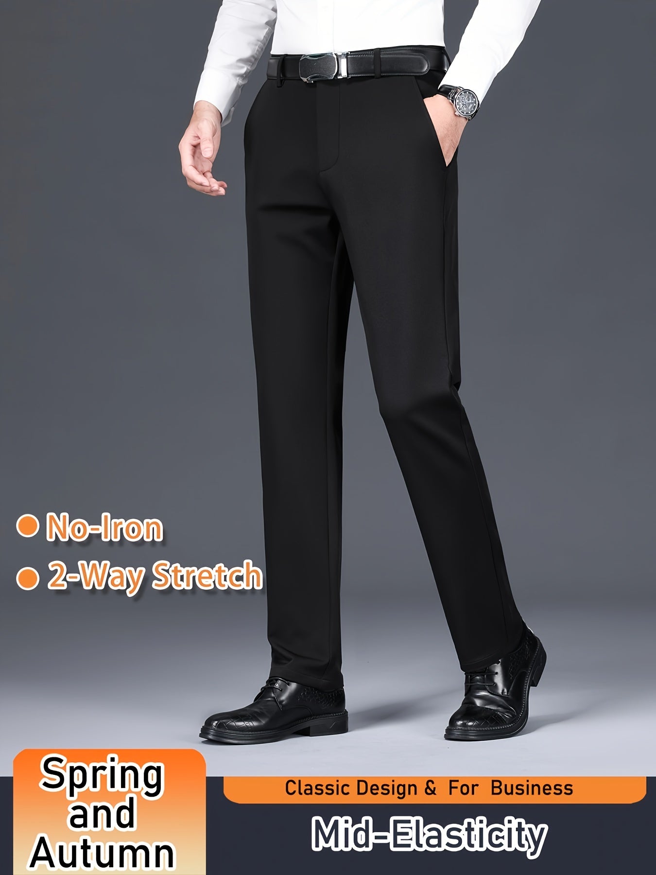 Men's Solid Color Dress Pants, Classic Design Slightly Stretch Formal Dress Pants For Business Occasions, Spring And Fall