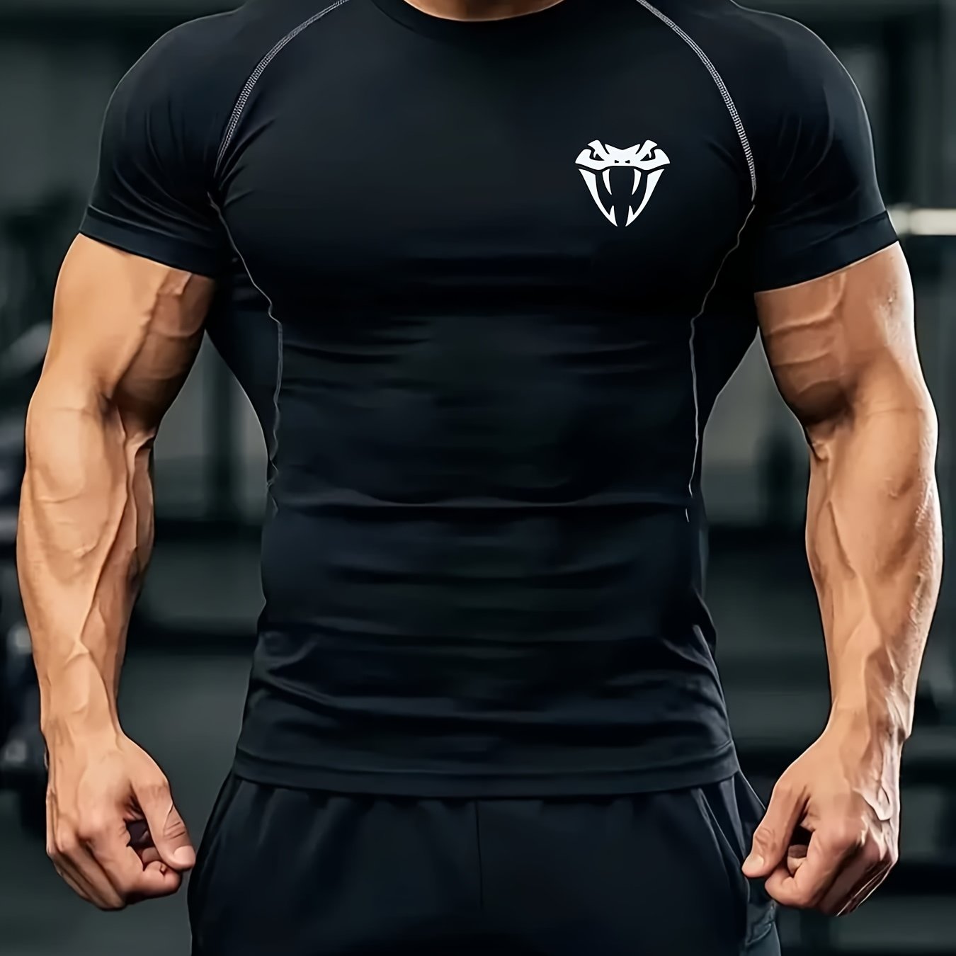 Men'S Quick-Dry Athletic Compression T-Shirt with Serpent Head Logo - Short Sleeve, High Stretch, Breathable Fabric for Running Workout, Blue