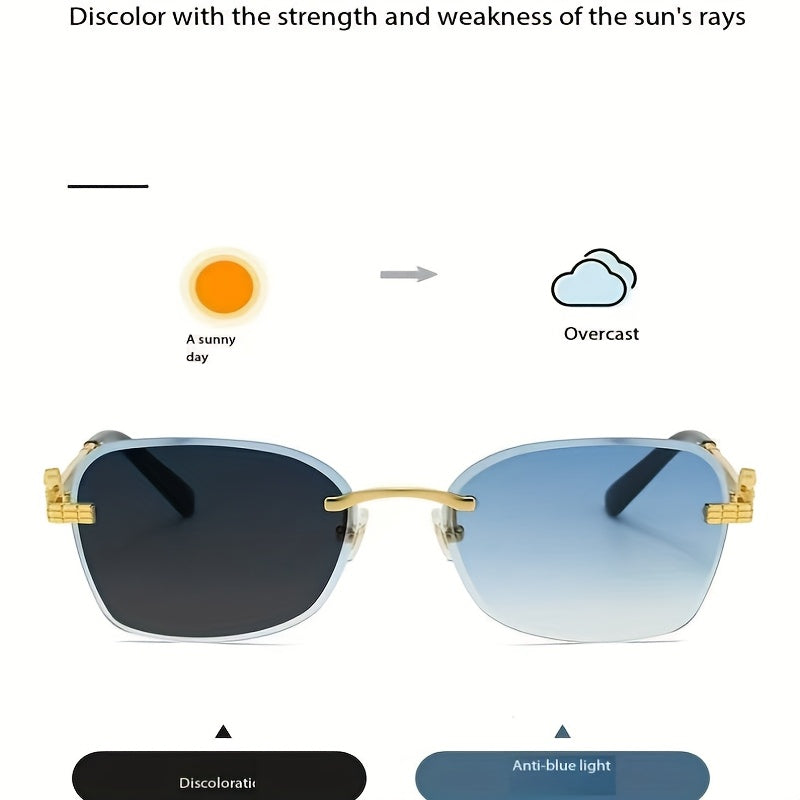 1 Pair Photochromic Square Fashion Glasses with PC Lenses & Golden-Tone Metal Frame - Transition Photochromic Lens Glasses, Rimless Design, Ideal for Trendy Men & Women, Perfect for Daily Wear & Gifting, Fashion Glasses|Squar