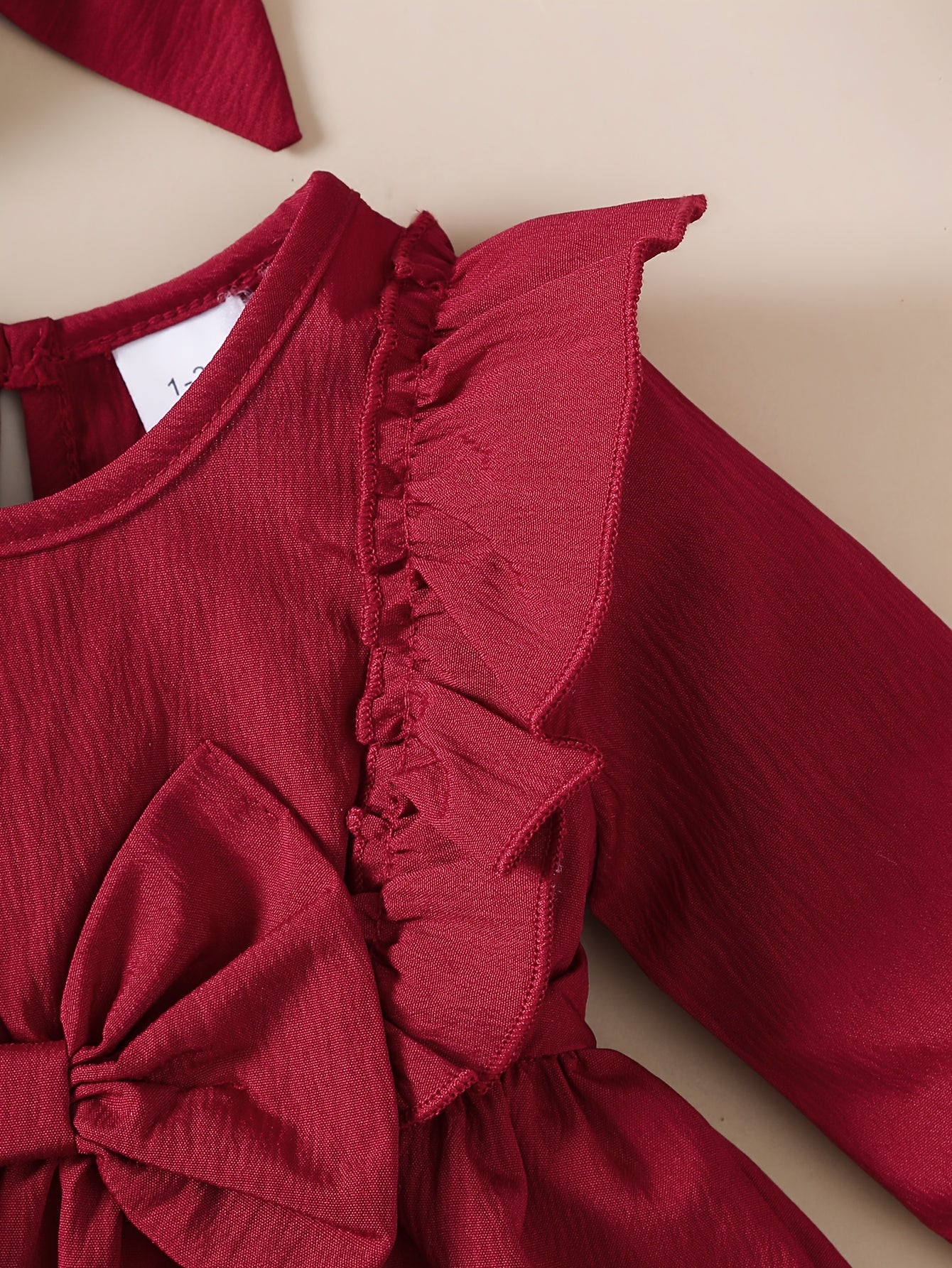 1-18 Months Girls' Red Dress | Christmas New Year Festival Party Wear with Headband, Princess Style, Autumn-Winter Collection, Crew Neck, Long Sleeve, Knee High, Flared Hem