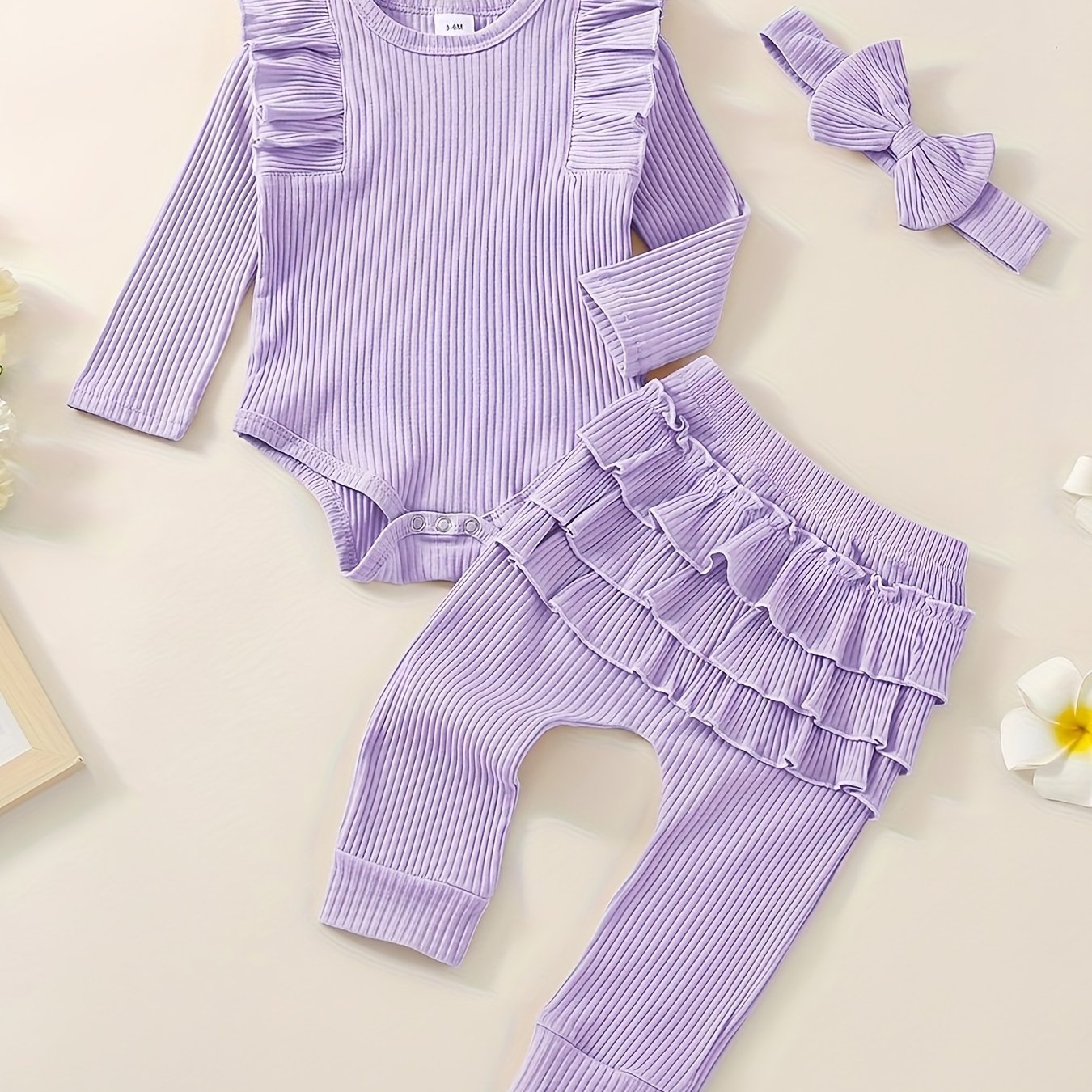 3pcs Baby Girl Outfit Set, Cute Ribbed Ruffle Long Sleeve Romper & Pants, 95% Cotton 5% Spandex, Crew Neck Pullovers, Solid Color, Regular Fit, No Belt, Fall/Winter Knit Fabric, 0-18 Months, for Outdoor