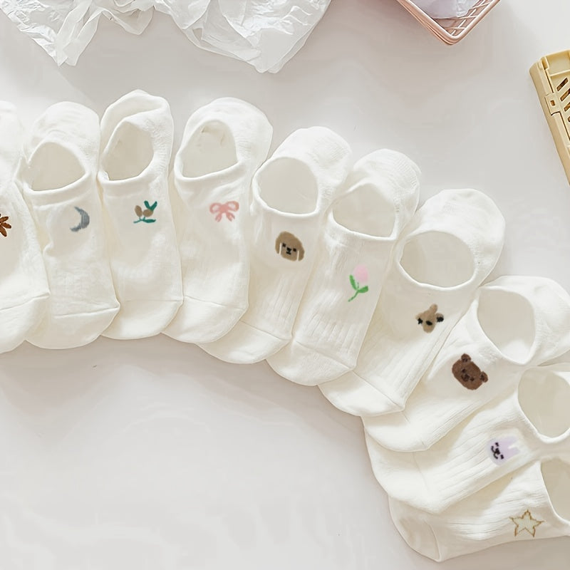 10pcs Cute Animal & Floral No-Show Socks for Women - Breathable, Soft Polyester Blend, Invisible Boat Socks with Non-Slip Heel, Perfect for Spring & Summer, Cute Socks
