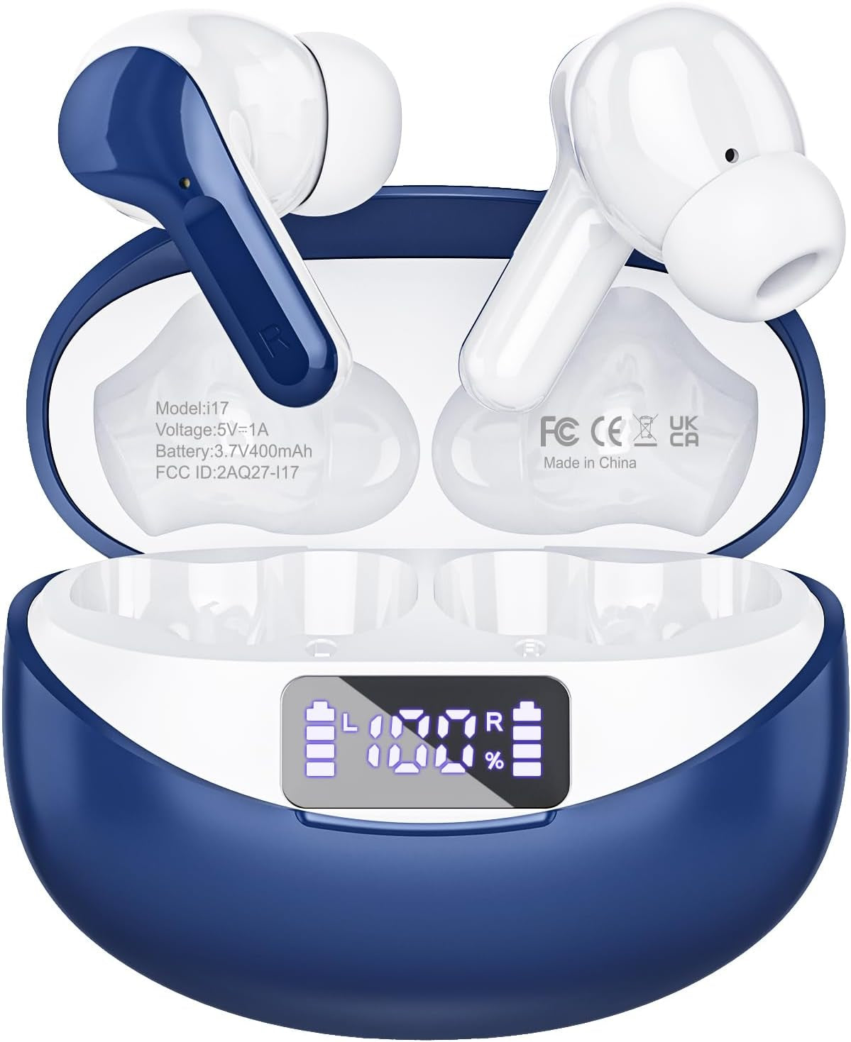 Wireless Earbuds Bluetooth Headphones 50H Playback Ear Buds with IPX7 Waterproof, HD Microphone, LED Display for Iphone and Andriod White