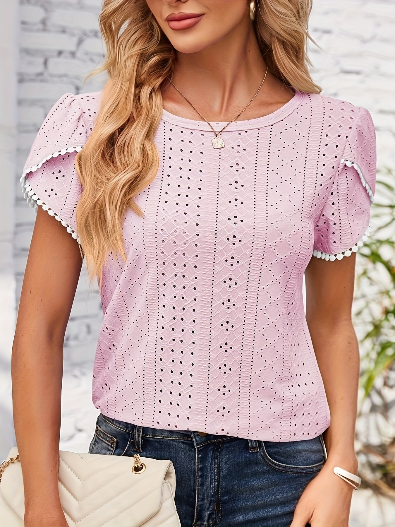 Women'S Elegant Blouse - Soft Pink Round Neck T-Shirt with Floral-like eyelet details, Breathable Loose Fit Top for Casual & Formal Outfits - Everyday Summer Shirt for Women, Ladies T Shirts, Versatile Clothing, Feminine Styl