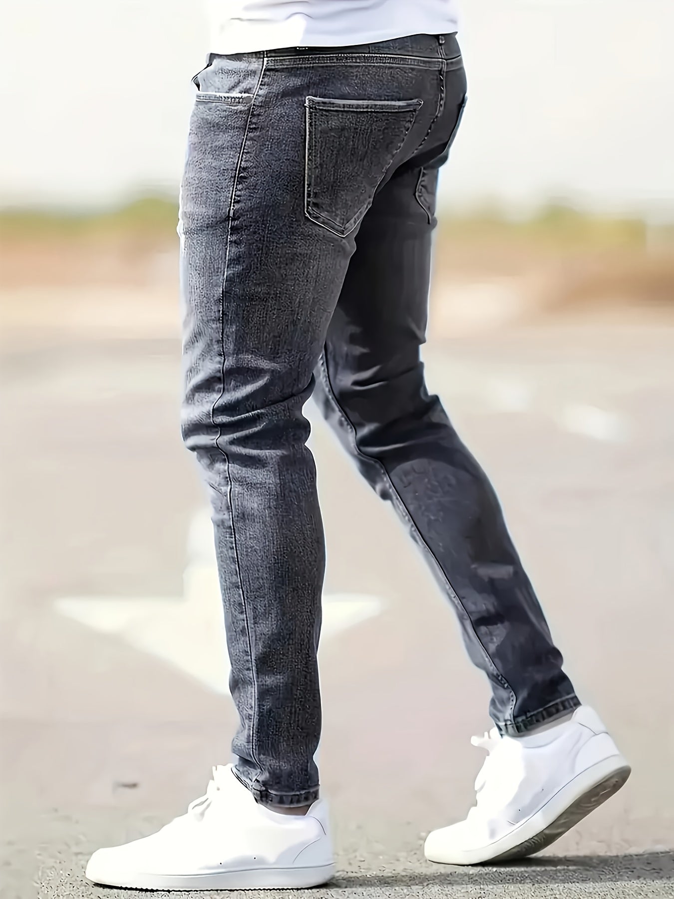 Men's Slim Fit Stretch Denim Jeans - Casual, Breathable & Machine Washable with Ripped Detail