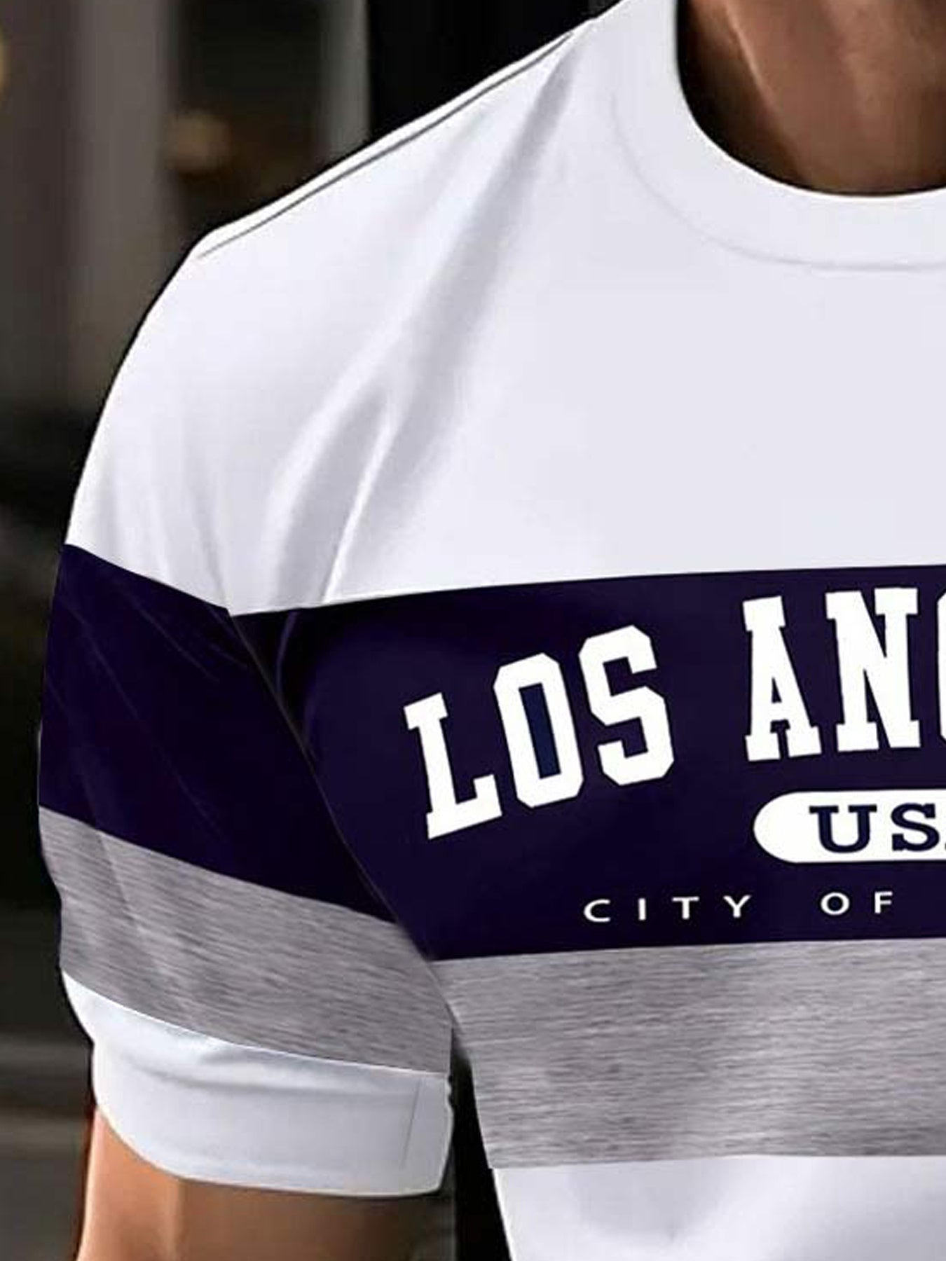Men'S Casual Los Angeles Graphic T-Shirt - Short Sleeve, Round Neck, White with Purple Gray Stripes, Comfortable Summer Tee for Casual Attire, Everyday Tshirt Casual Style Comfortable Fit