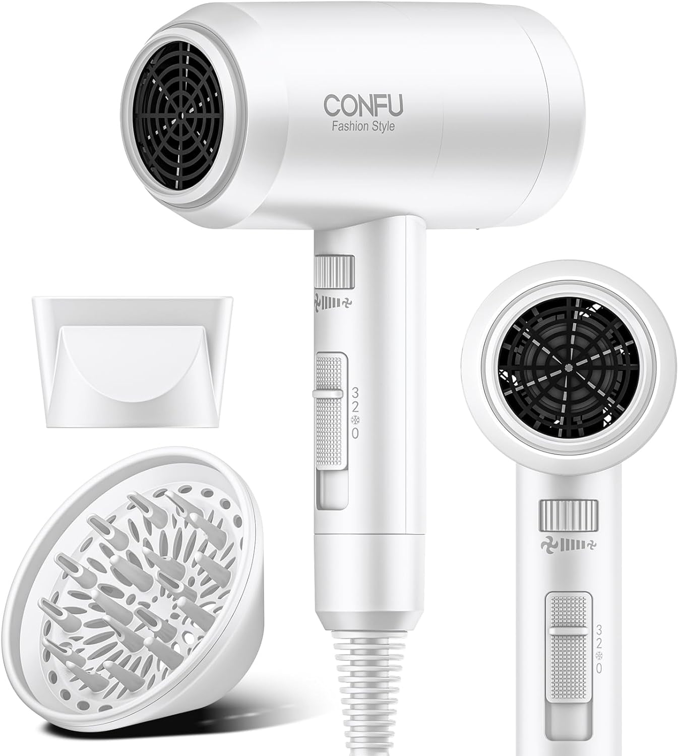 CONFU Ionic Blow Dryer 1600W, Portable Lightweight Fast Drying Negative Ion Hairdryer Blowdryer, 3 Heat Settings & Infinity Speed, with Diffuser and Concentrator Nozzle for Home & Travel