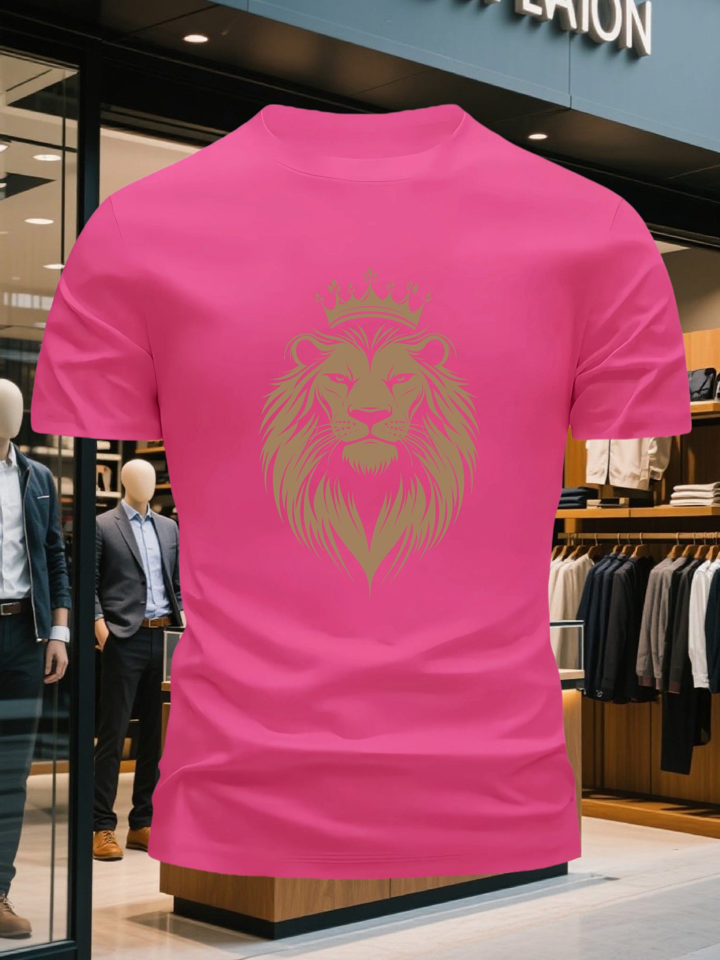 Men's 100% Cotton Crew Neck Short Sleeve T-Shirt with Regal Lion Crown Graphic Print - Navy Blue Casual Comfort Fit, Machine Washable All-Season Versatile Top, Cotton T Shirts, Leisure Clothing, Creative Print Shirt, Soft Tex