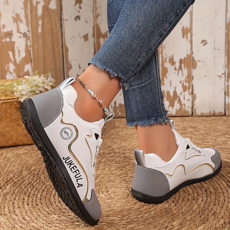JUKEFULA White Women's Outdoor Colorblock Sneakers - Elegant white and grey casual sneakers with soft sole and lace-up design, suitable for all seasons, gym and travel