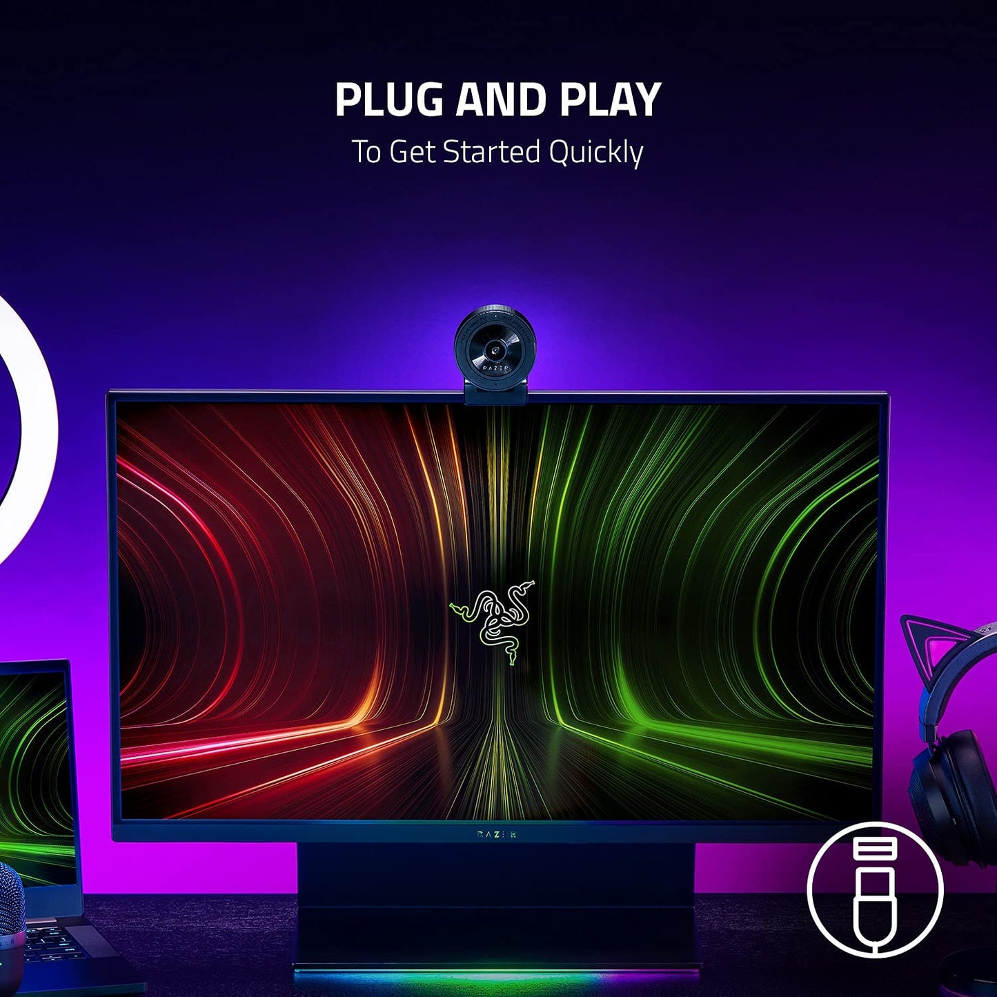 Razer Kiyo X - Full HD Streaming Webcam (1080P 30 FPS or 720P 60 FPS, Auto Focus, Plug & Play, Fully Customisable Settings, Flexible Mounting, Compact & Portable) Black