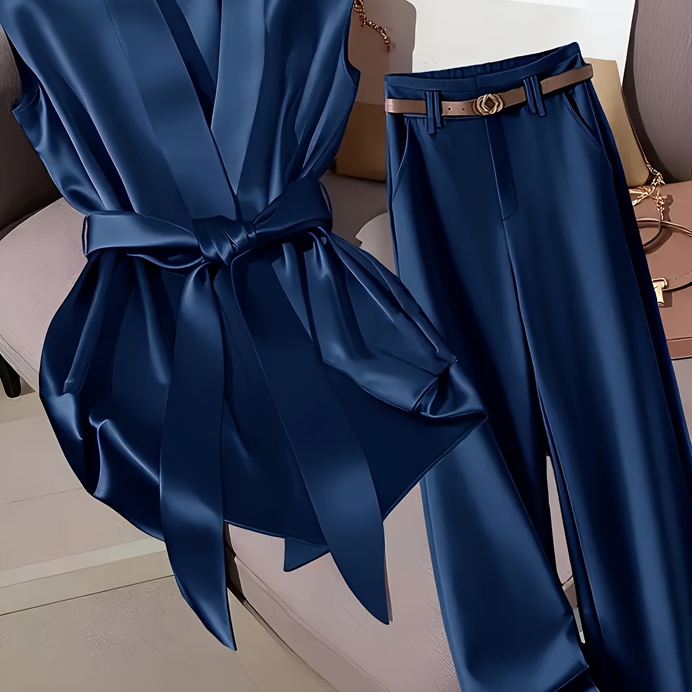 Elegant Navy Blue Satin Sleeveless Blouse & Wide-Leg Pants Set - Chic Belted Waist, High-Waisted Design, Smooth Texture, Perfect for Casual or Formal Occasions, Formal Attire | Belted Waist Blouse | Glossy Finish