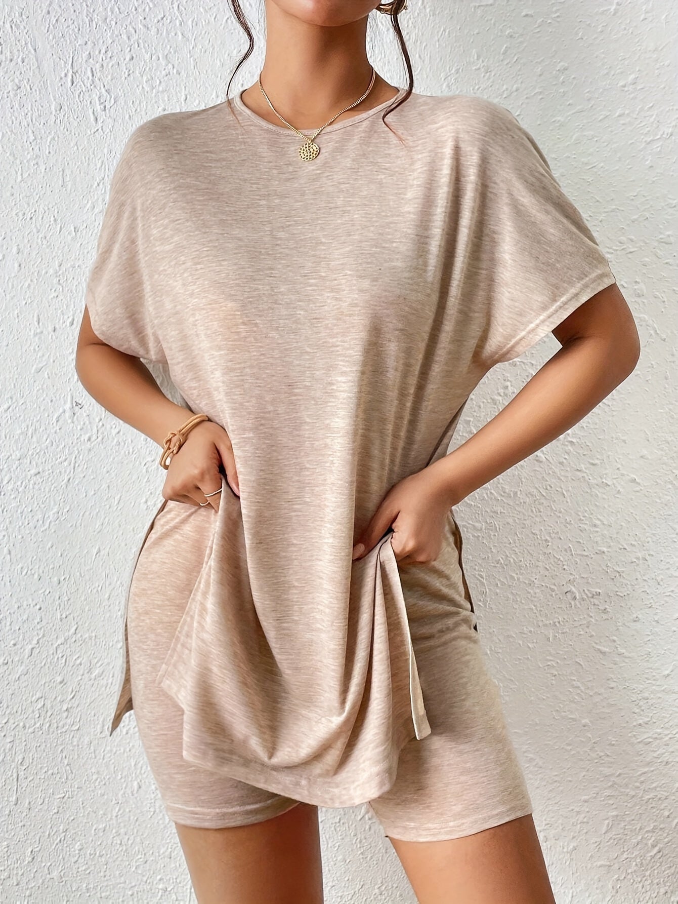 Casual Solid Color Comfortable Two-Piece Set, Bat Sleeve Round Neck Slit T-Shirt and Tight Shorts, Women's Clothing