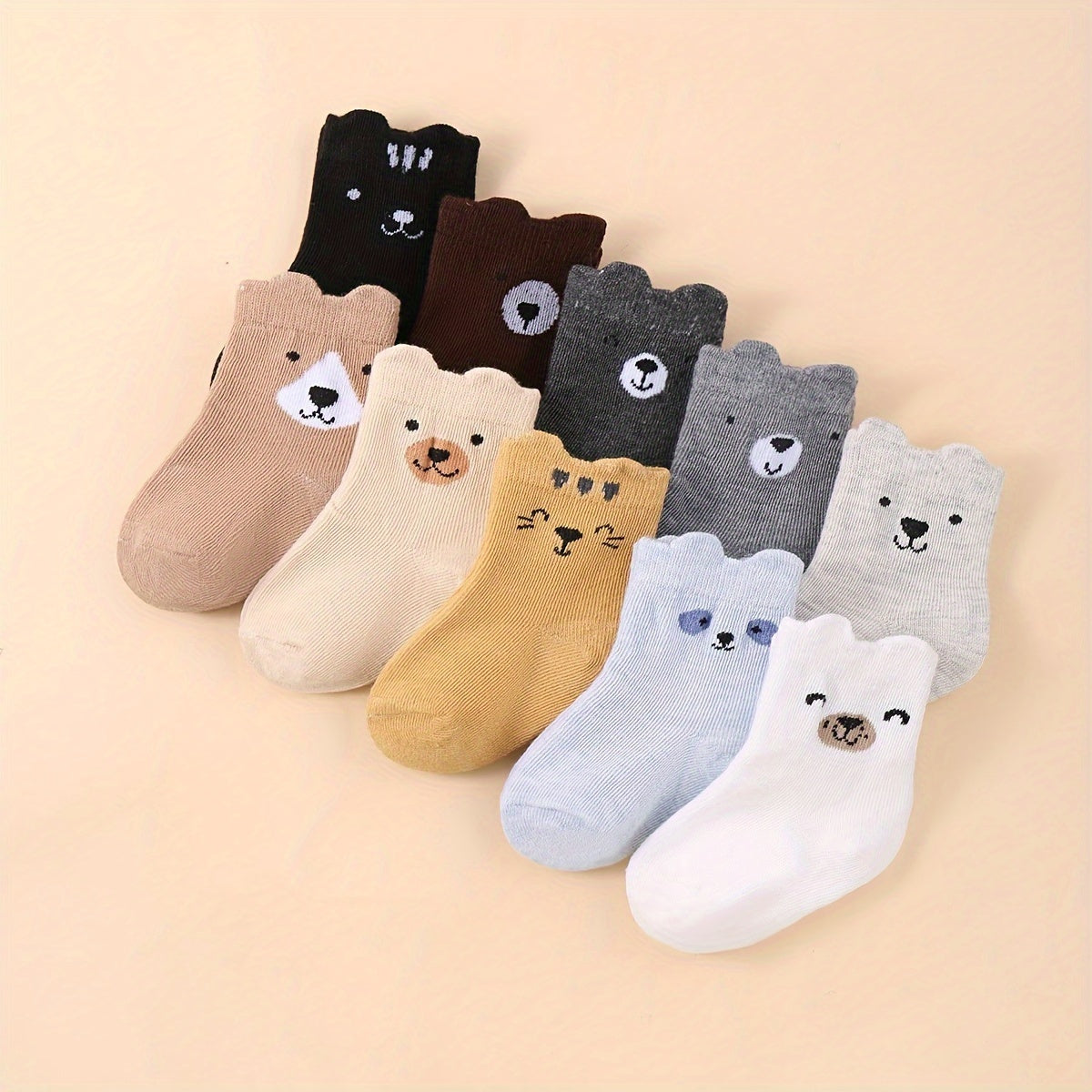 10 Pairs of Youngsters Cute Cartoon Animal Pattern Socks, Comfortable Youngsters Ankle Socks for All Seasons, 100% Polyester Knit Fabric, Machine Washable, Black/Gray/White/Brown/Beige/Yellow with Playful Bear, Bunny, and Cat