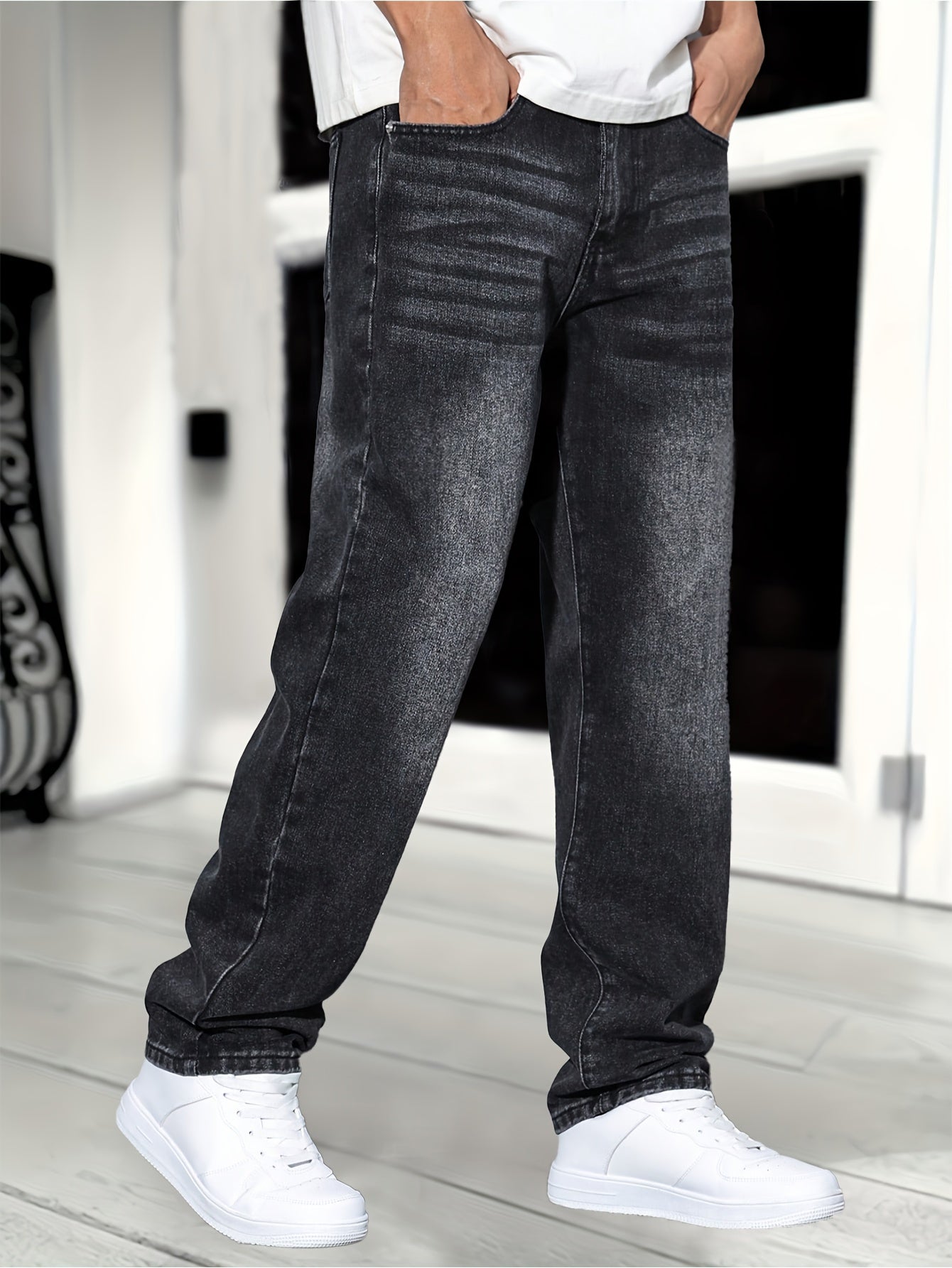 1pc Men'S Classic Solid Color Washed Denim Jeans, Non-Stretch Regular Fit Work Style, All-Season Woven Fabric, Regular Length - Adult Casual Pants