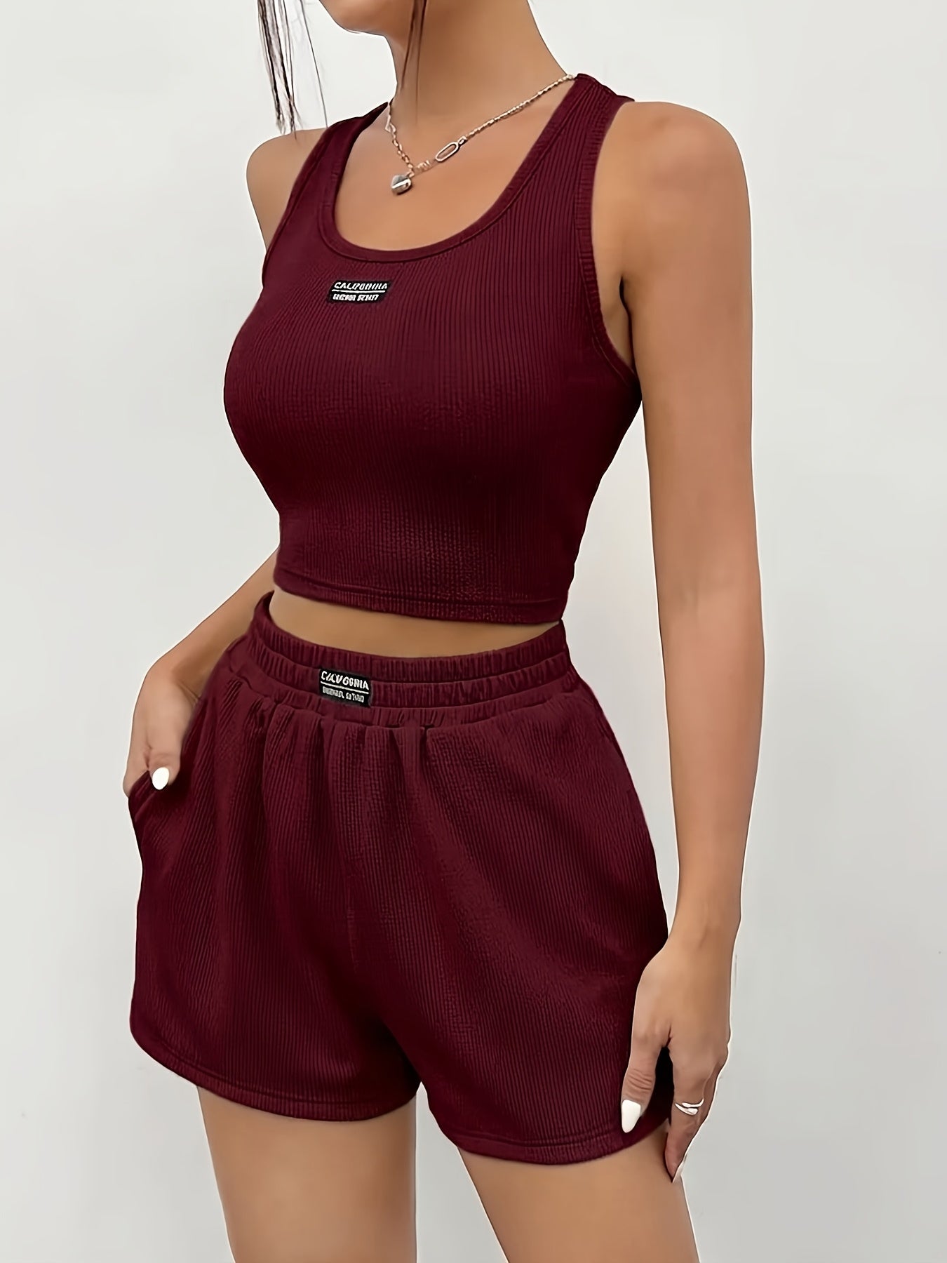 Women's Summer Ribbed Tank Top and Shorts Set - Slim Fit Sportswear
