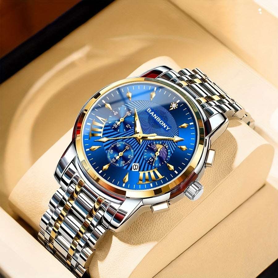 BANBONY Automatic Quartz Watch for Men & Women - Stainless Steel Strap, Blue & Golden HD Large Dial, IPX7 Waterproof, Rhinestone Accents, Date Calendar, Luminous Hands - Casual Fashion Unisex Watch for Birthday Holiday Gifts,