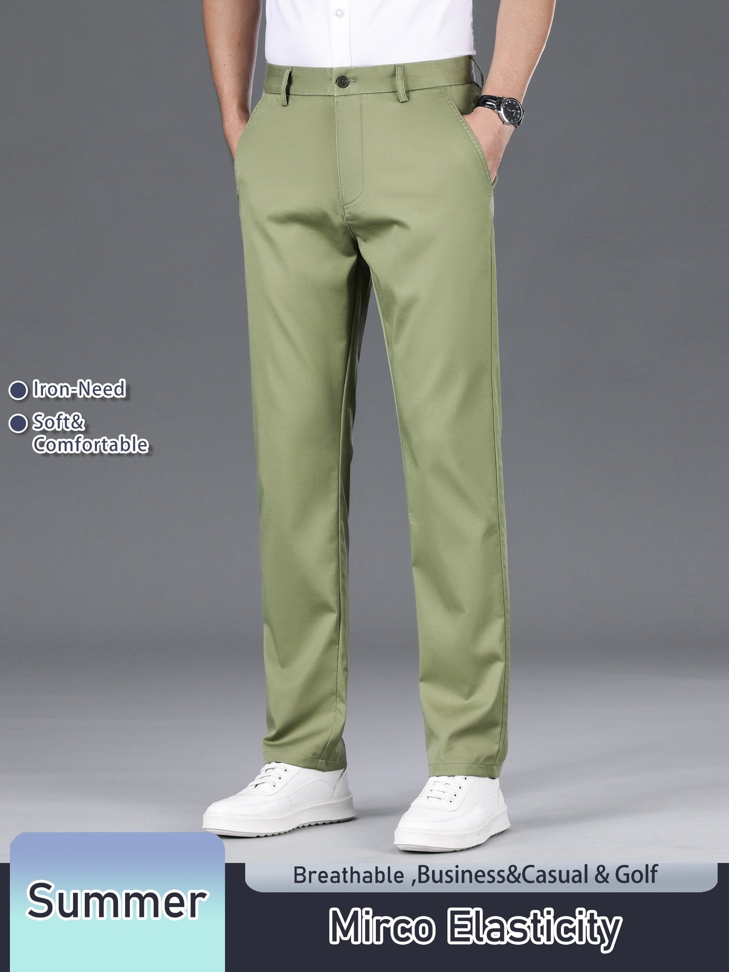 Men's Solid Color Straight Leg Business Style Cotton Blend Pants, Casual Comfy Breathable Outdoor Trousers As Gift