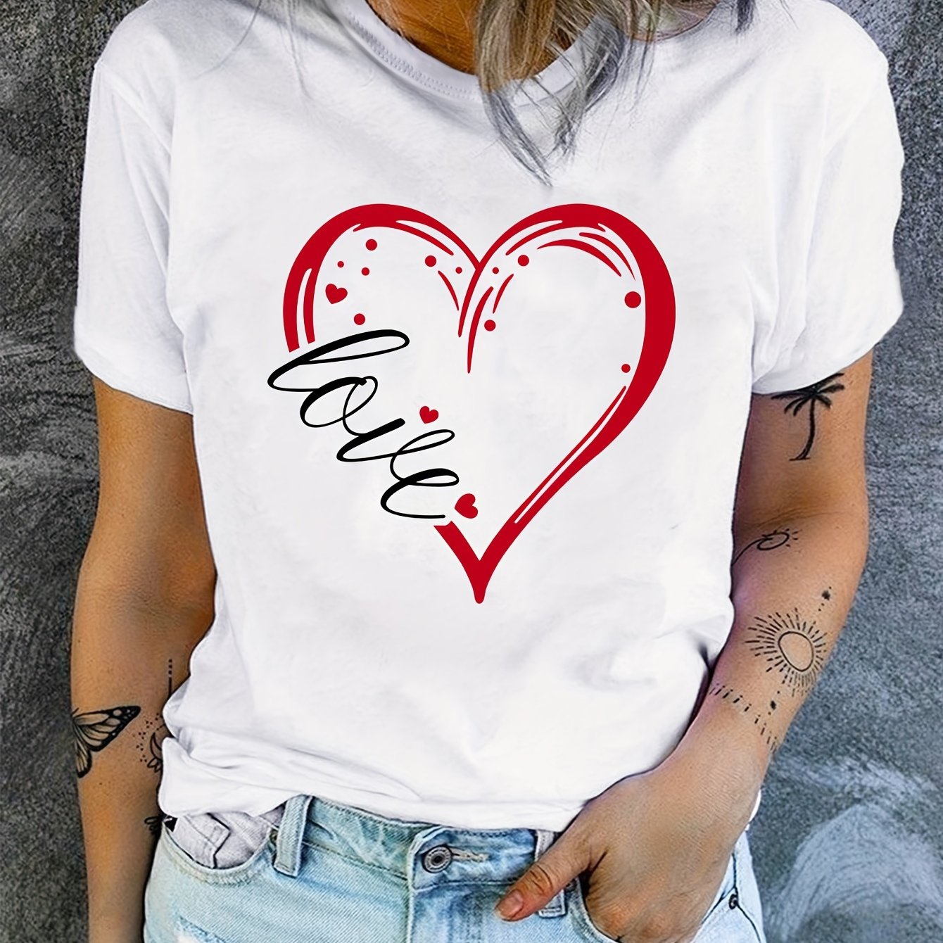 Love Print Crew պարանոցի վերնաշապիկ, ամենօրյա կարճաթև վերնաշապիկ գարնան և ամառի համար, կանացի հագուստ