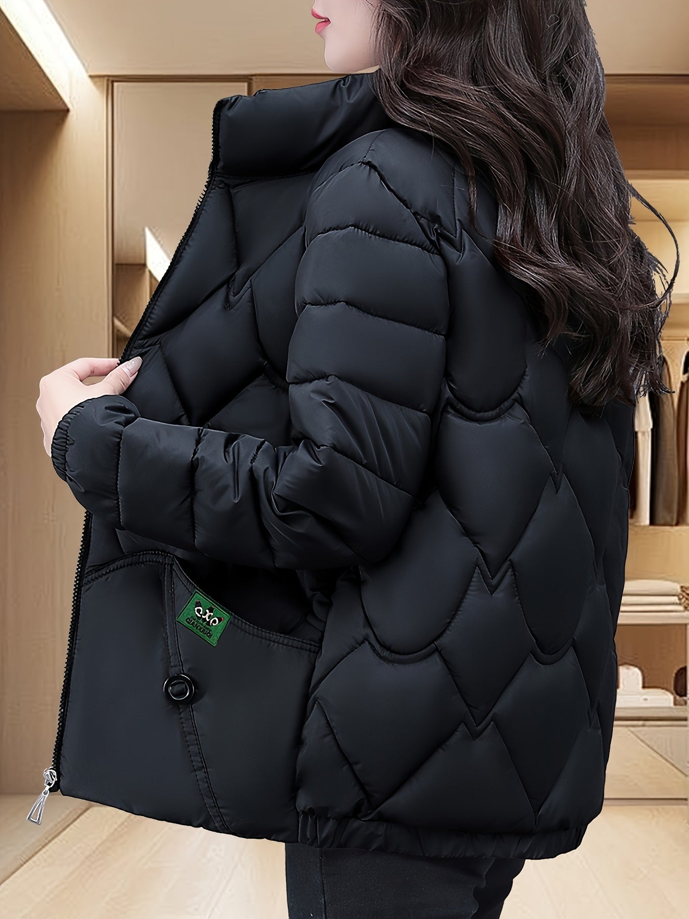 Women'S Embroidered Quilted Jacket, Casual Long Sleeve Polyester Coat, Non-Stretch H-Contoured Regular Fit, Pleated Hem, Thick Warm Winter Outerwear for Middle-Aged Moms