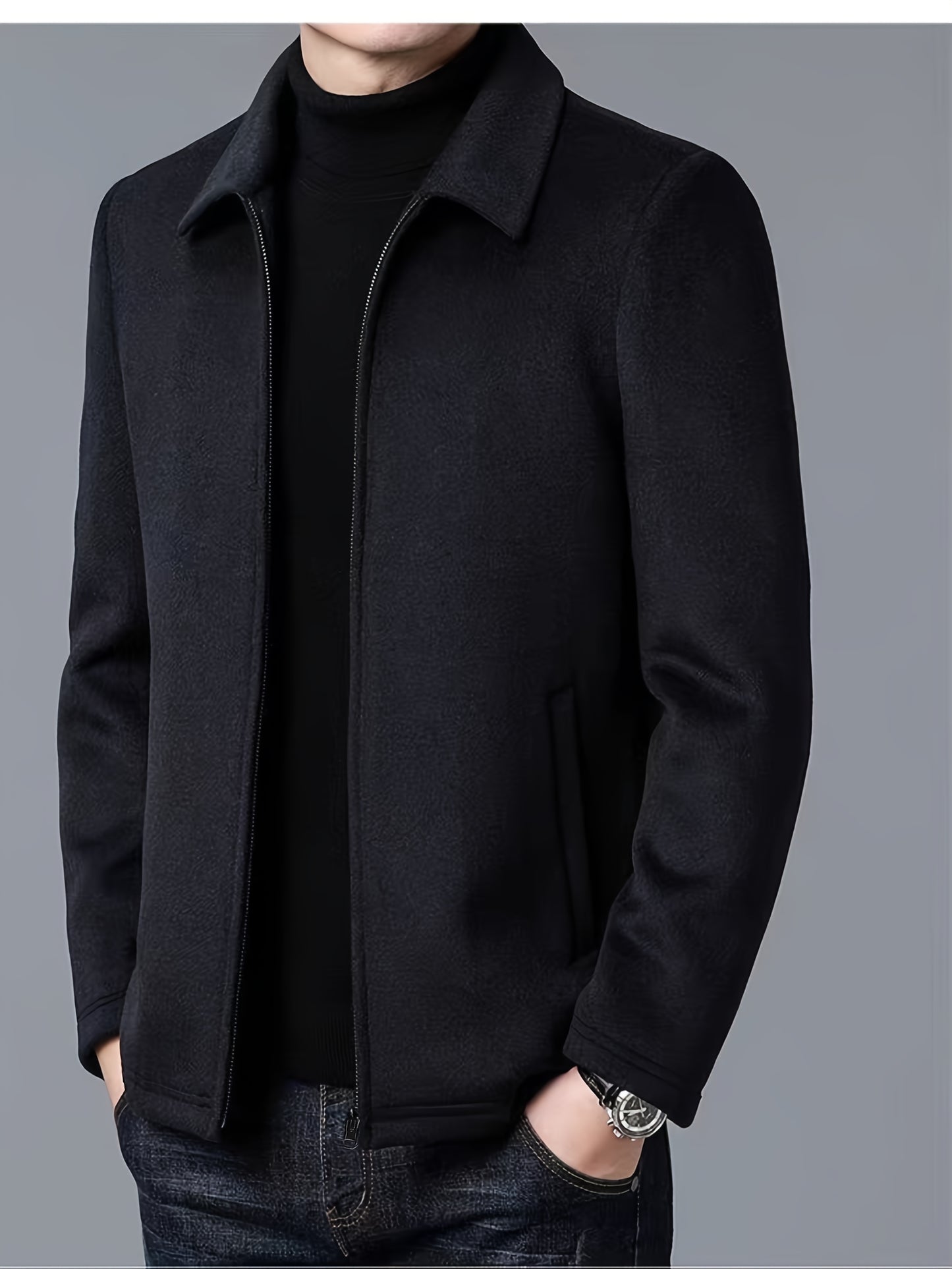 Men's Autumn and Winter Fleece Jacket with Zipper and Turn-up Collar