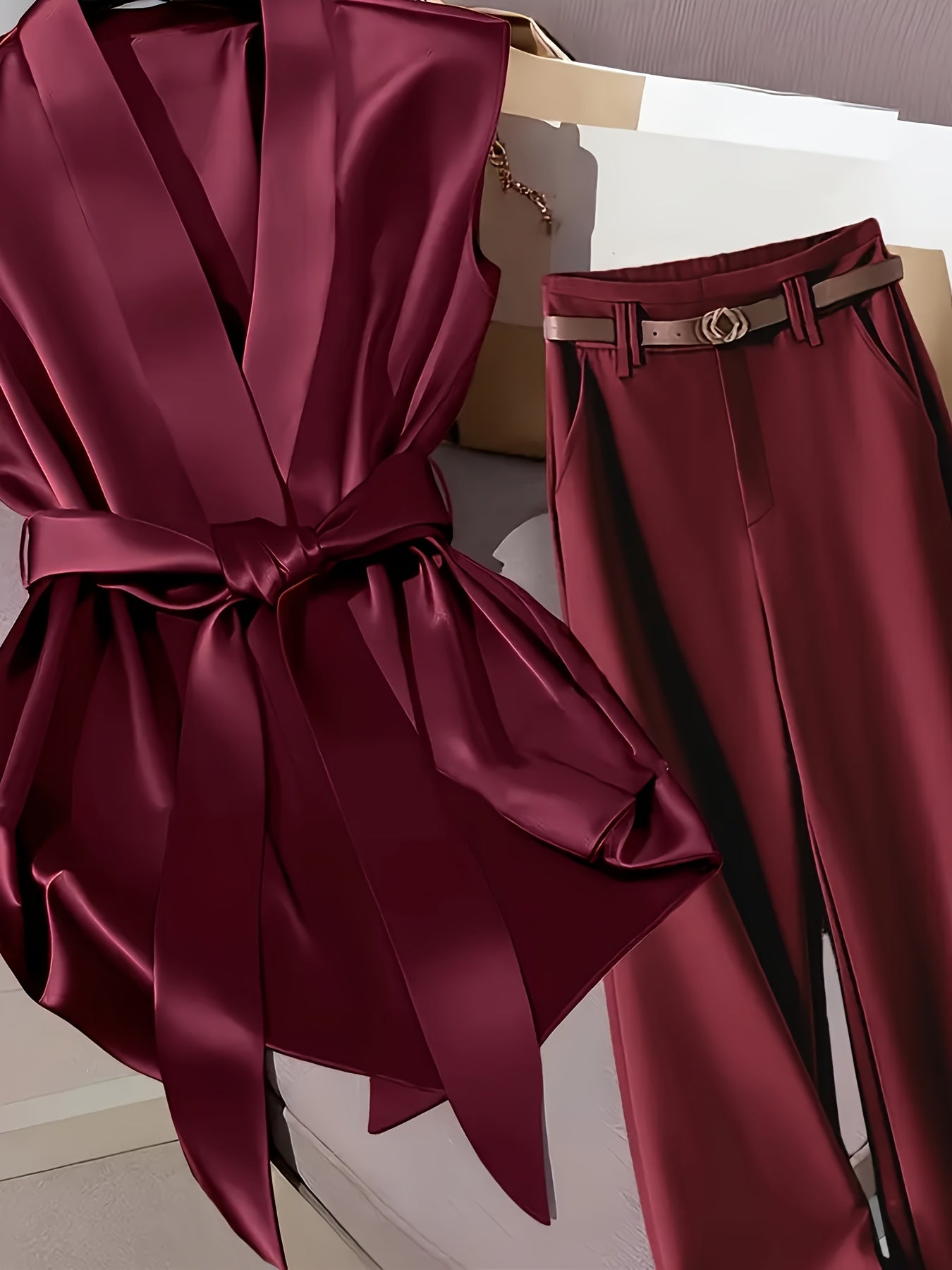 Elegant Navy Blue Satin Sleeveless Blouse & Wide-Leg Pants Set - Chic Belted Waist, High-Waisted Design, Smooth Texture, Perfect for Casual or Formal Occasions, Formal Attire | Belted Waist Blouse | Glossy Finish