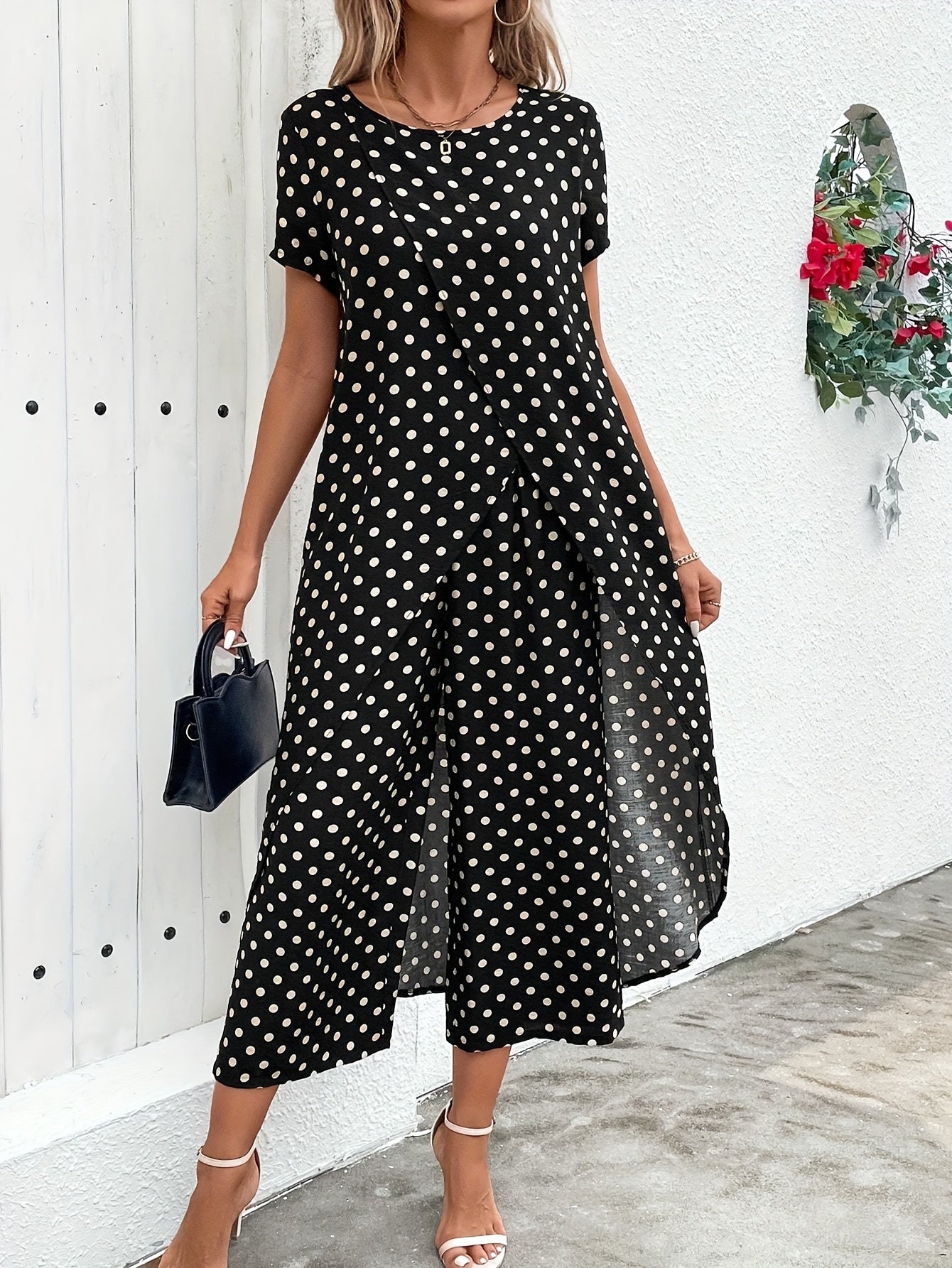 Chic Black & White Polka Dot Cross-Front Short Sleeve Maxi Robe and Pants Set - Elegant Summer Outfit for Women, Crew Neck, Non-Stretch Fabric with Asymmetrical Detail, Plus Size Friendly, Casual Elegance Wear | Polka Dot Pat