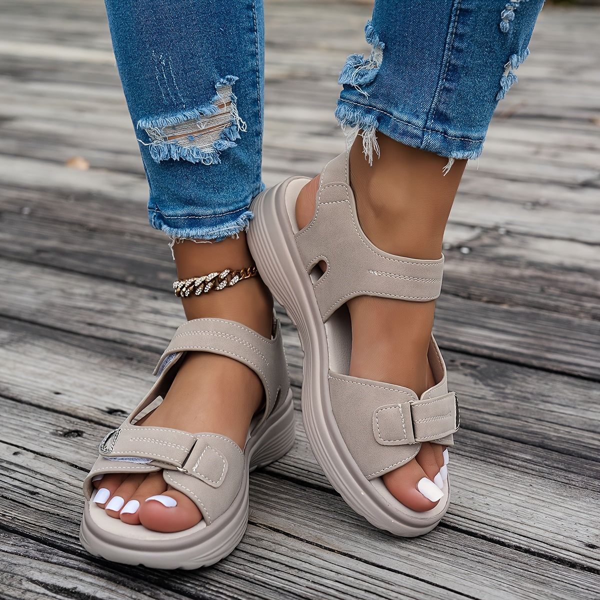 Non Slip Women's Platform Open Toe Sandals, Solid Color Ankle Buckle Strap Casual Outdoor Shoes