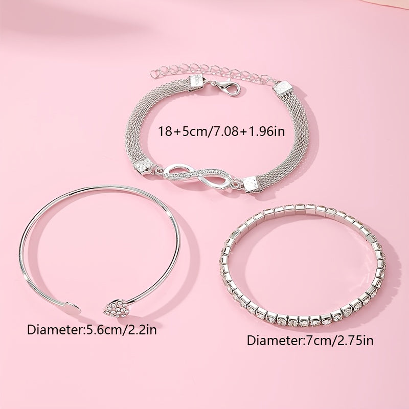 3pcs Vintage Elegant Rhinestone Bracelet Set, Adjustable Heart & Infinity Symbol Bangle, Women'S Alloy Open Cuff, Daily & Gift Occasion, All-Season Jewelry Collection