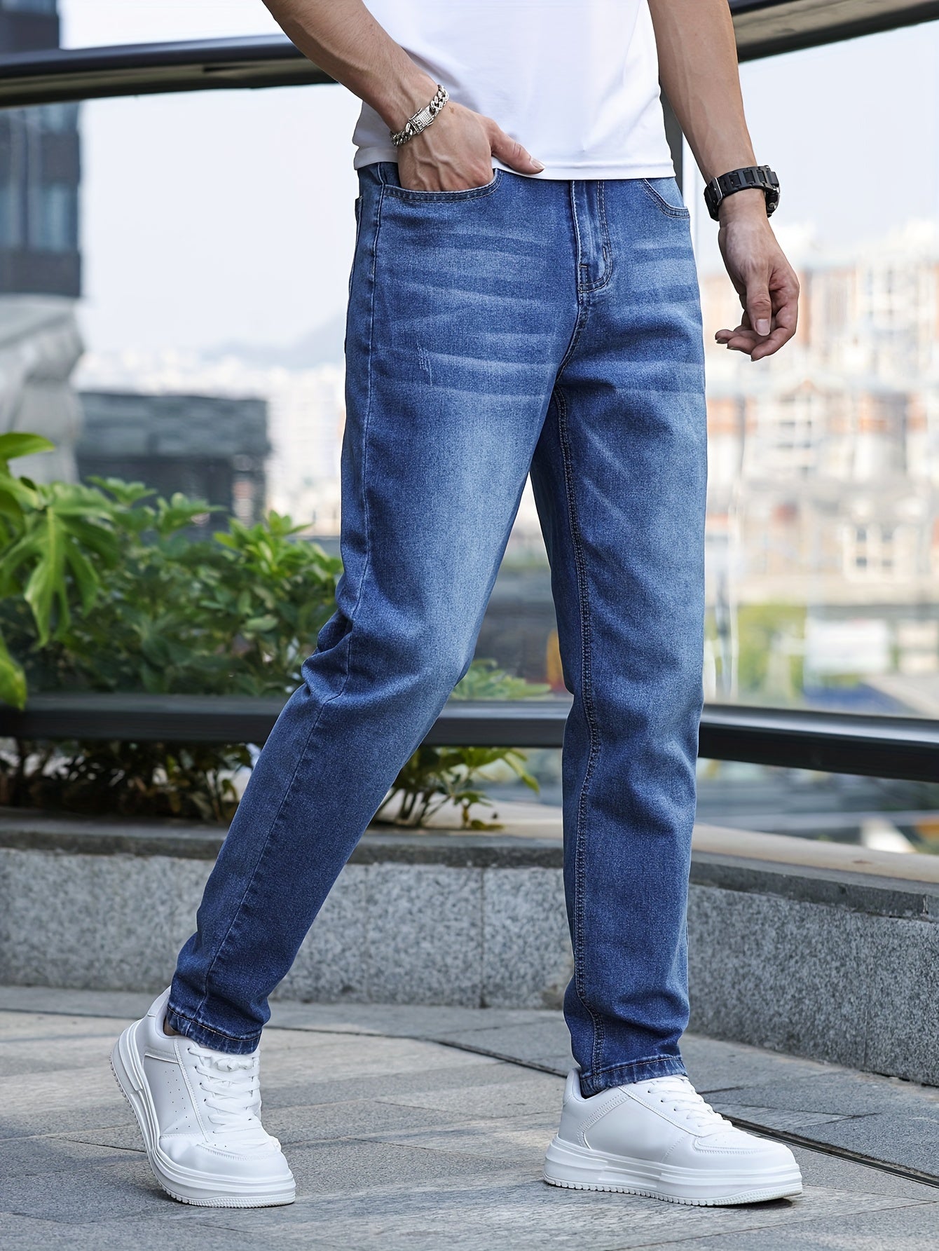 Men's Slim-Fit Stretch Denim Jeans - Casual Street Style, Mid-Rise, Light Blue, Comfortable & Versatile for All Seasons