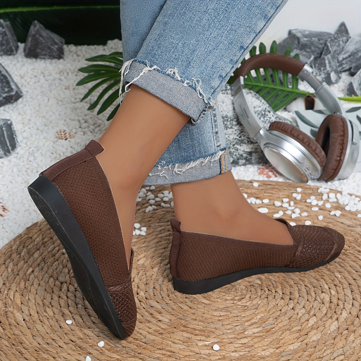 Women's Solid Color Knitted Flats, Lightweight Flat Soft Sole Walking Shoes, Round Toe Daily Footwear