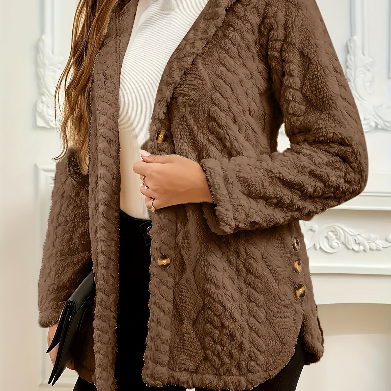 Elegant Pink Faux Fur Coat for Women - Chic Button-Front Hooded Jacket with Sleek Collar, Long Sleeves, and Ribbed Detailing - Perfect for Fall & Winter, Hand or Dry Clean Only