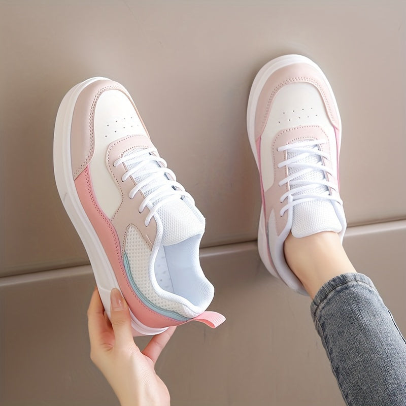 Stylish Women's Low-Top Sneakers - Lightweight Casual Shoes with Pastel Pink & Light Blue Accents, Synthetic Cover Upper, Breathable Mesh Lining, EVA Sole for Comfort, Perfect for Casual Attire & Travel