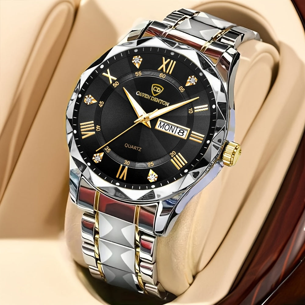 Men'S Quartz Business Watch with Rhinestone-Embellished Luminous Dial, Stainless Steel Strap & Case, Date & Day Display, IPX7 Water-Resistant - Ideal for Travel, Work, Outdoor - Perfect Gift for Birthdays, Holidays, Anniversa