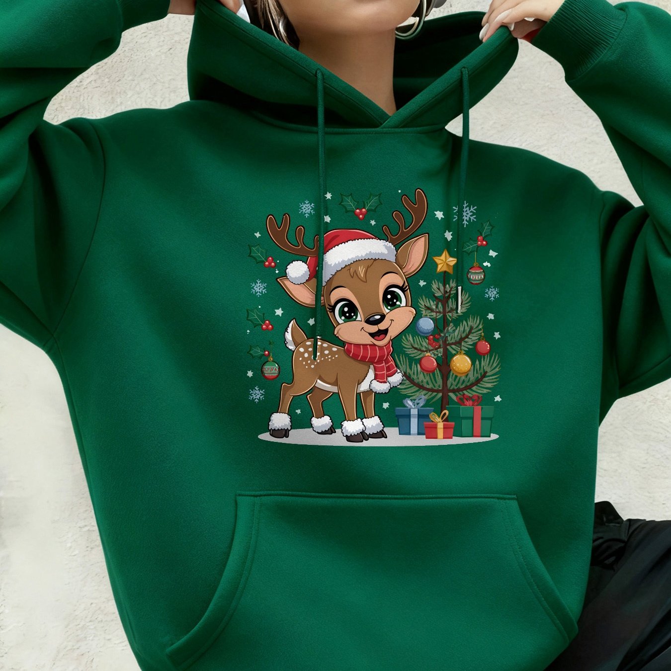 Women'S Christmas Hoodie - Thick Fleece-Lined Winter Sweatshirt with Deer & Snowflakes, Plaid Santa Hat Design, Cozy Casual Pullover for Holiday Party Outfits
