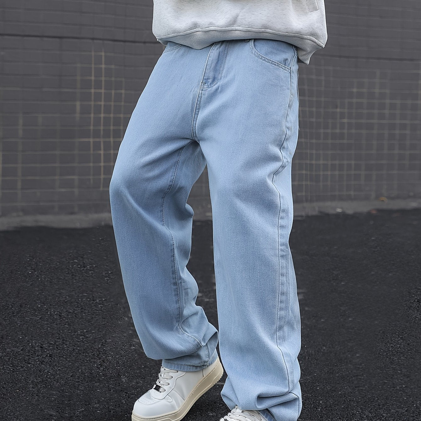 Men's Loose Solid Denim Pants With Pockets, Causal Cotton Blend Jeans For Outdoor Activities