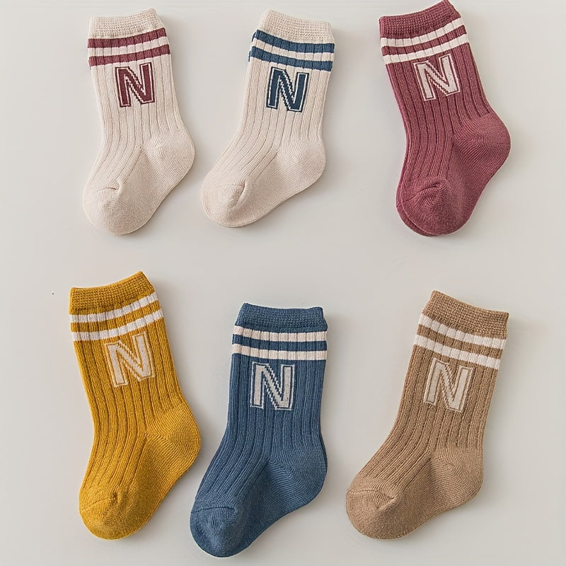 4 Pairs of N-Letter Knitted Pattern Socks, Thin Socks for Spring and Summer, Cotton Blend Comfortable Breathable Soft Mid-Calf Socks, Breathable Mid-Calf Socks