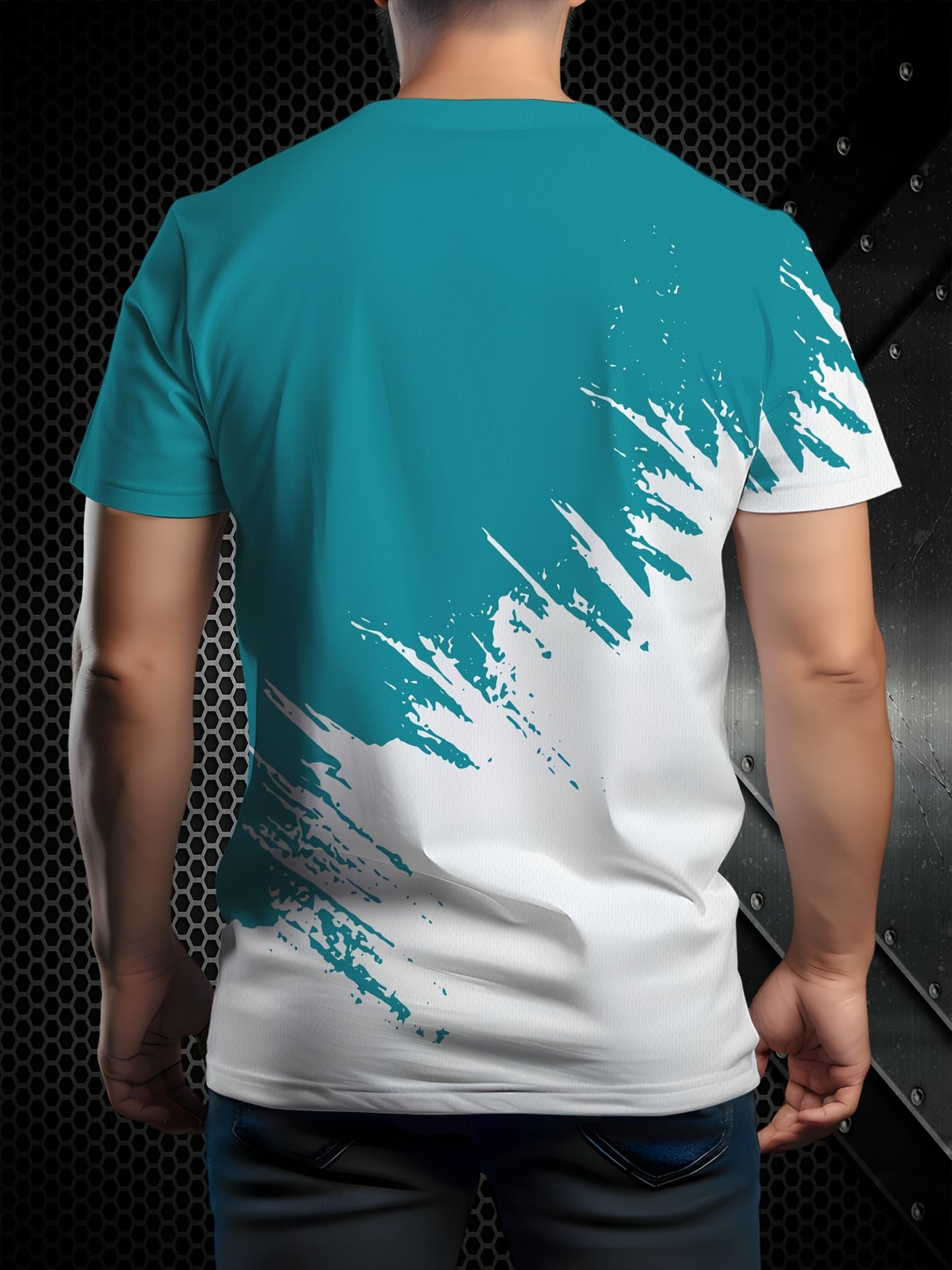 Men's 3D Print Color Block T-Shirt - Casual Short Sleeve, Summer Outdoor Wear, Stretch Polyester Blend, Machine Washable
