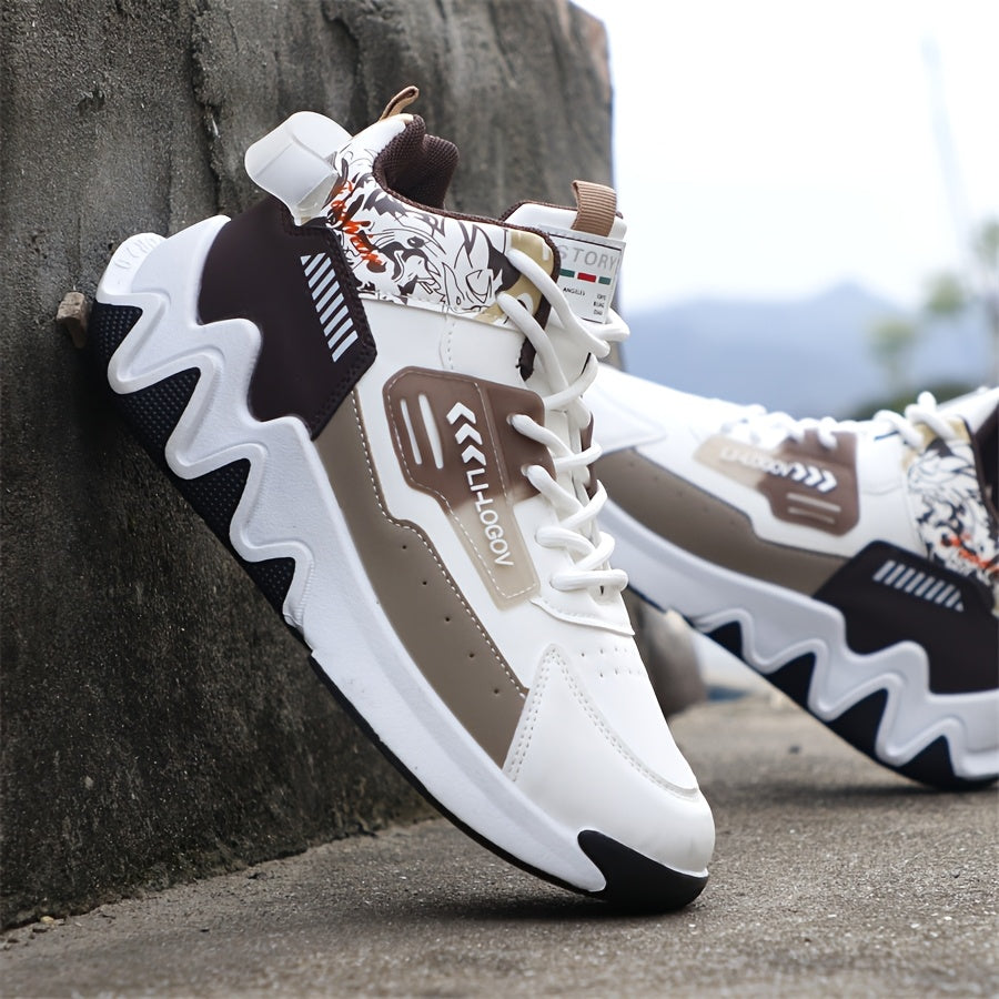 Men's High-Top Basketball Sneakers, Preppy Street Style, Solid Color with Cartoon Stripes, All-Season Lace-Up Sports Shoes, Faux Upper, Fabric Inner, Rubber Sole, for Running, Hiking Casual Wear, Outdoor Activities Shoes