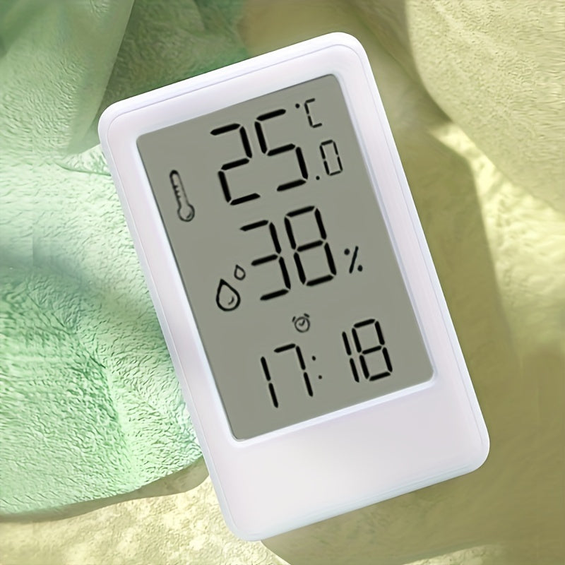 1pc Modern White Digital Temperature & Humidity Monitor with Large LCD Screen, High-Precision Room Thermometer for Desk or Wall, 12/24H Time Display, Battery-Powered (AAA Battery Not Included) – Ideal for Bedroom, Kitchen,