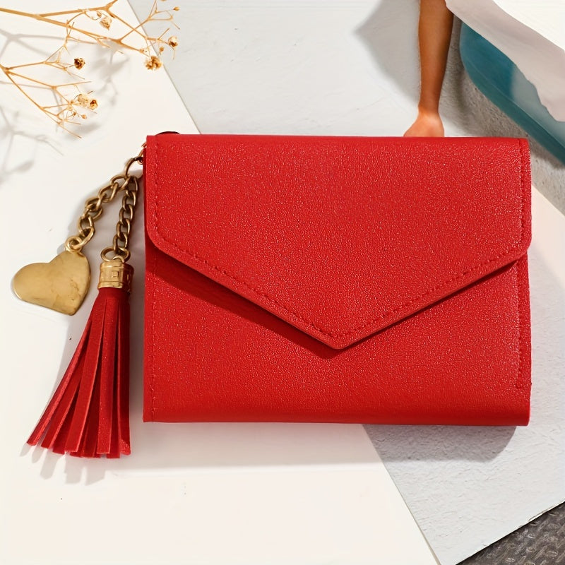1pc Metal Heart & Tassel Decor Wallet Short Women Wallets Purse, Patchwork Fashion Panelled Wallets, Trendy Coin Purse