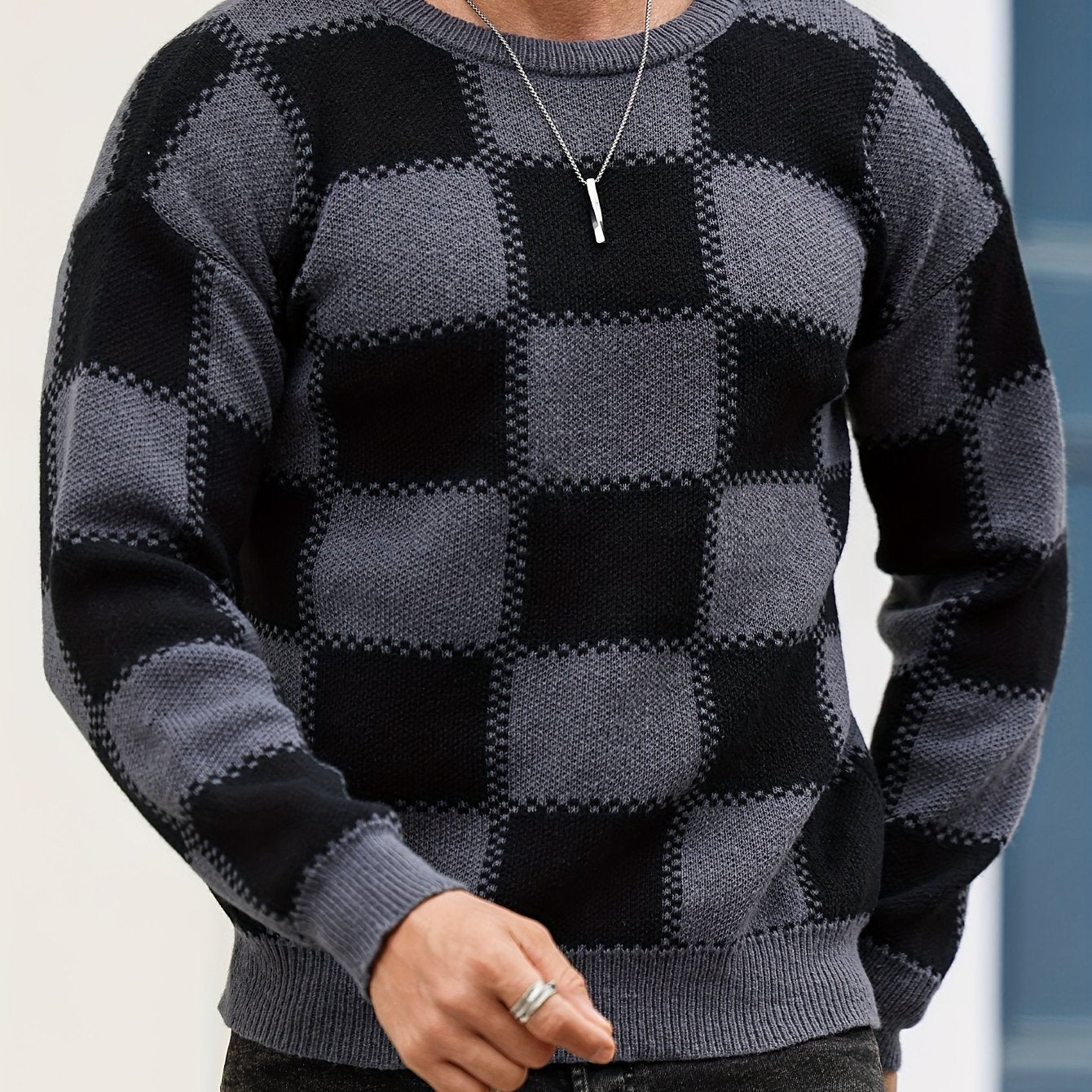 Men's Color Blocking Textured Checked Print Casual Trendy Sweater, Long Sleeve Pullover As Gift For Fall And Winter