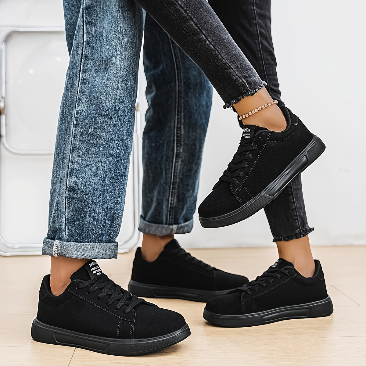 Women'S Simple Solid Black Lace-Up Flats, Comfortable Skate Shoes, Casual Versatile, for Couples, with Stability Support, Lightweight EVA Sole, for All-Season Road Running, Daily Wear, Outdoor Hiking, Sports