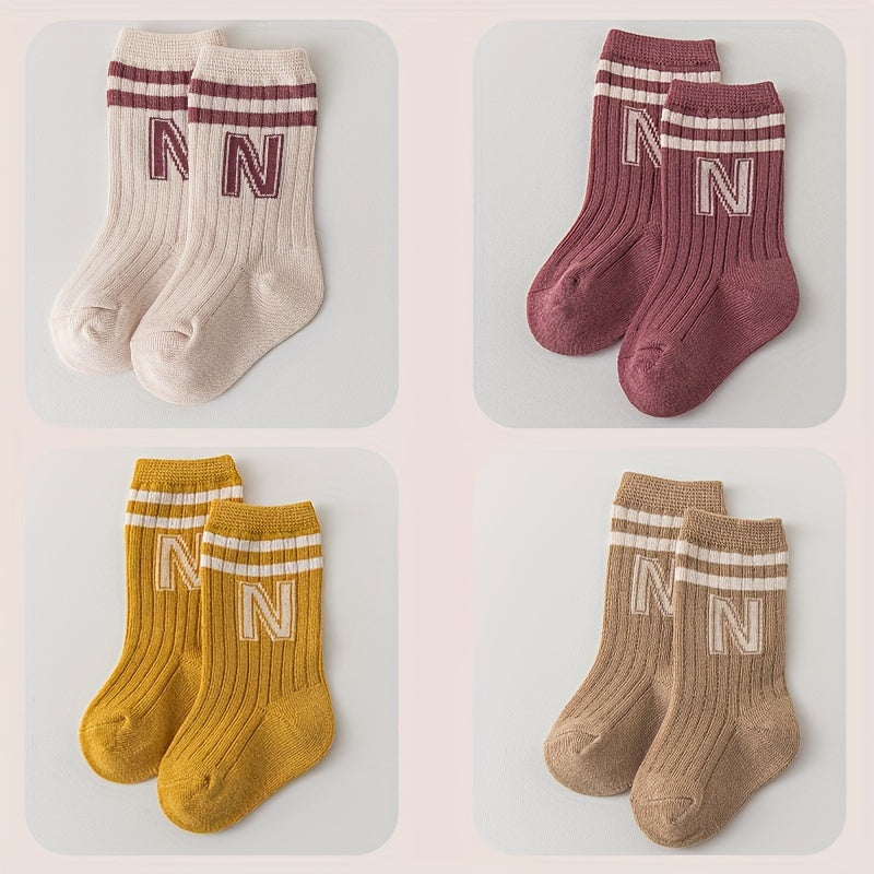 4 Pairs of N-Letter Knitted Pattern Socks, Thin Socks for Spring and Summer, Cotton Blend Comfortable Breathable Soft Mid-Calf Socks, Breathable Mid-Calf Socks